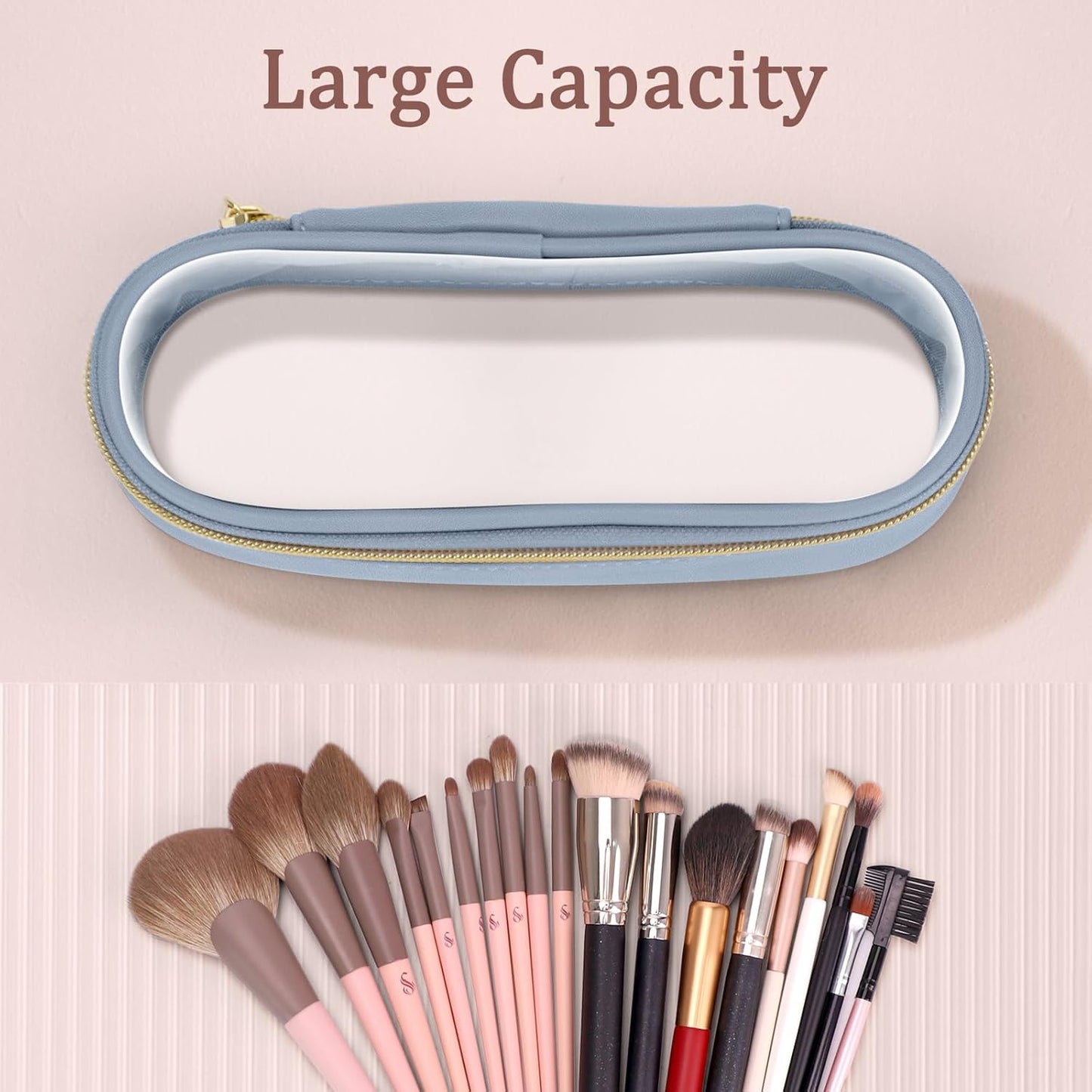 Clear Travel Makeup Brush Holder, Leather Makeup Brush Toiletry Bag, Portable Cosmetic Brush Case, Transparent Waterproof Makeup Brush Storage Bag, Blue