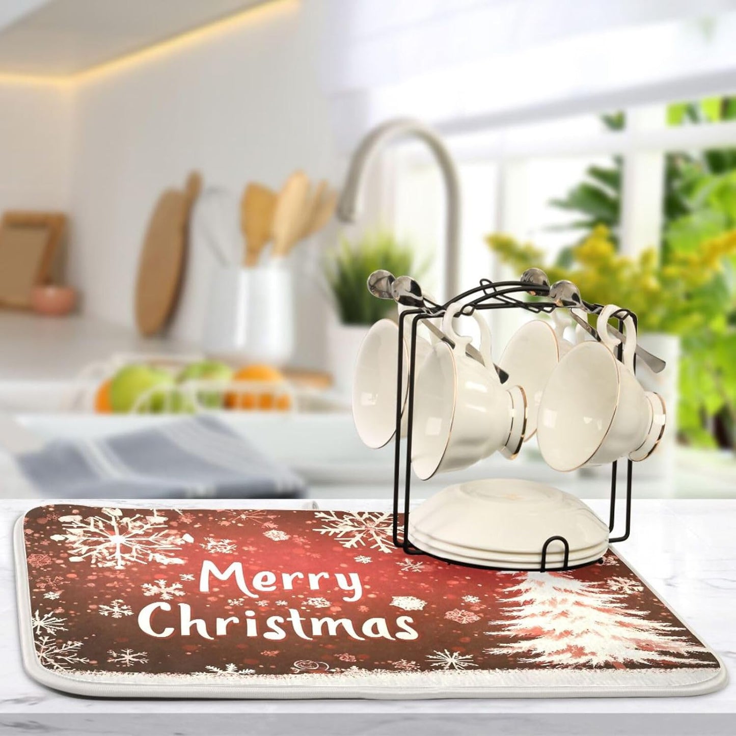 Christmas Dish Drying Mat Red Brown Snowflakes White Tree Wood Christmas Dish Drainer Mat for Kitchen Counter 18x24 inch Drying Mat Absorbent Microfiber Dish Mat