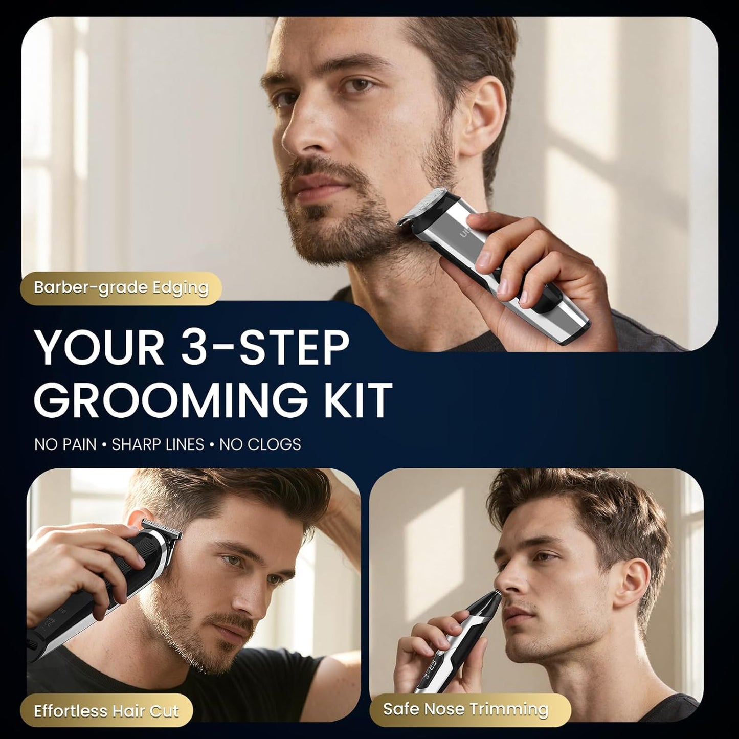 Ufree 3-in-1 Beard Trimmer Kit, Men's Electric Shaver Razor for Mustache Body Nose Facial Hair, Professional Hair Trimmer, Rechargeable Clippers, Waterproof Beard Grooming, Birthday Gifts for Men