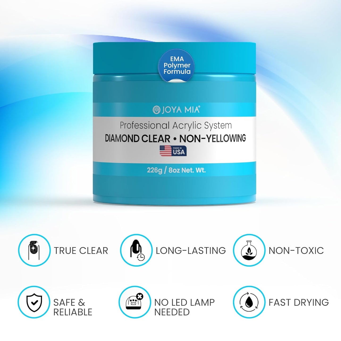 Joya Mia Acrylic Powder for Nails, MMA-Free, Super Adhesion Professional Powder for Flawless & Long-Lasting Nail Enhancements, Easy Application, Vibrant & Stunning Colors - Diamond Clear, 8 oz