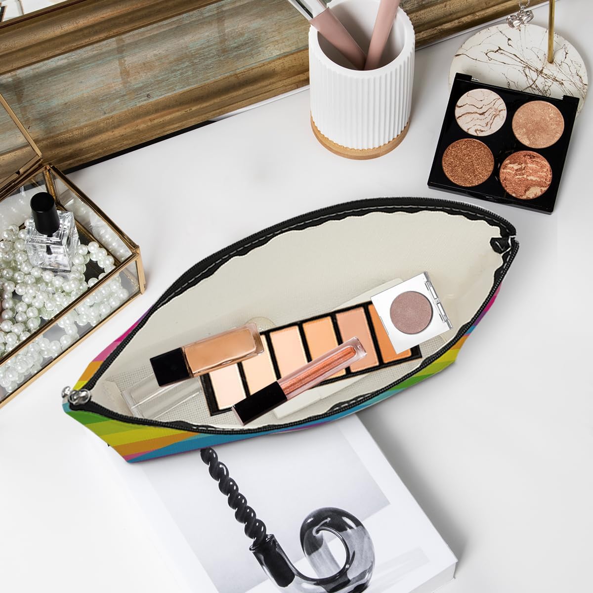 4pcs Colorful Rainbow Makeup Bag, Bright Neon Colors Cosmetic Bag, Christmas Wedding Anniversary Birthday Friendship Gifts for Women Girls Best Friends Therapist Bestie Mom Travel Toiletry Bag