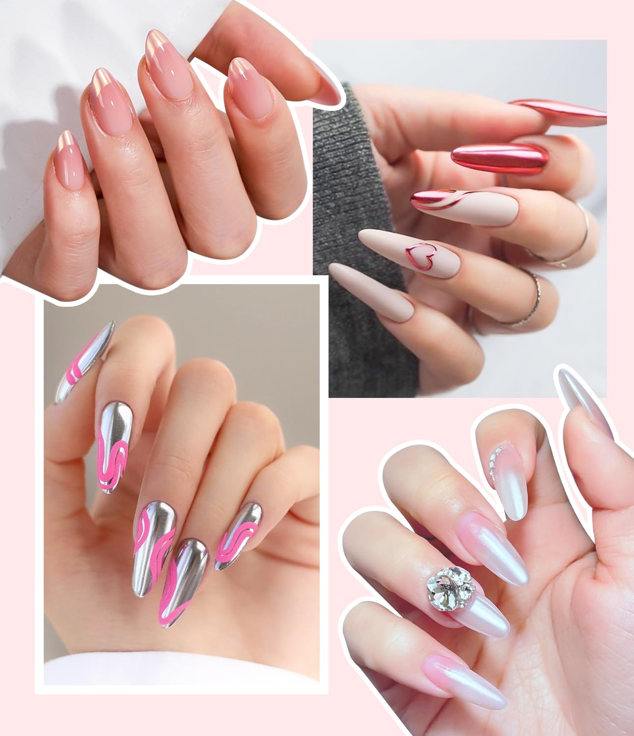 Chrome Nail Powder BISHENGYF -【Fairy Effect】Gold Chrome Nail Powder Aurora Mermaid White Pearl Pink Chrome Powder For Nails, Metallic Mirror Pigment Glitter Dust For Manicure Decoration DIY