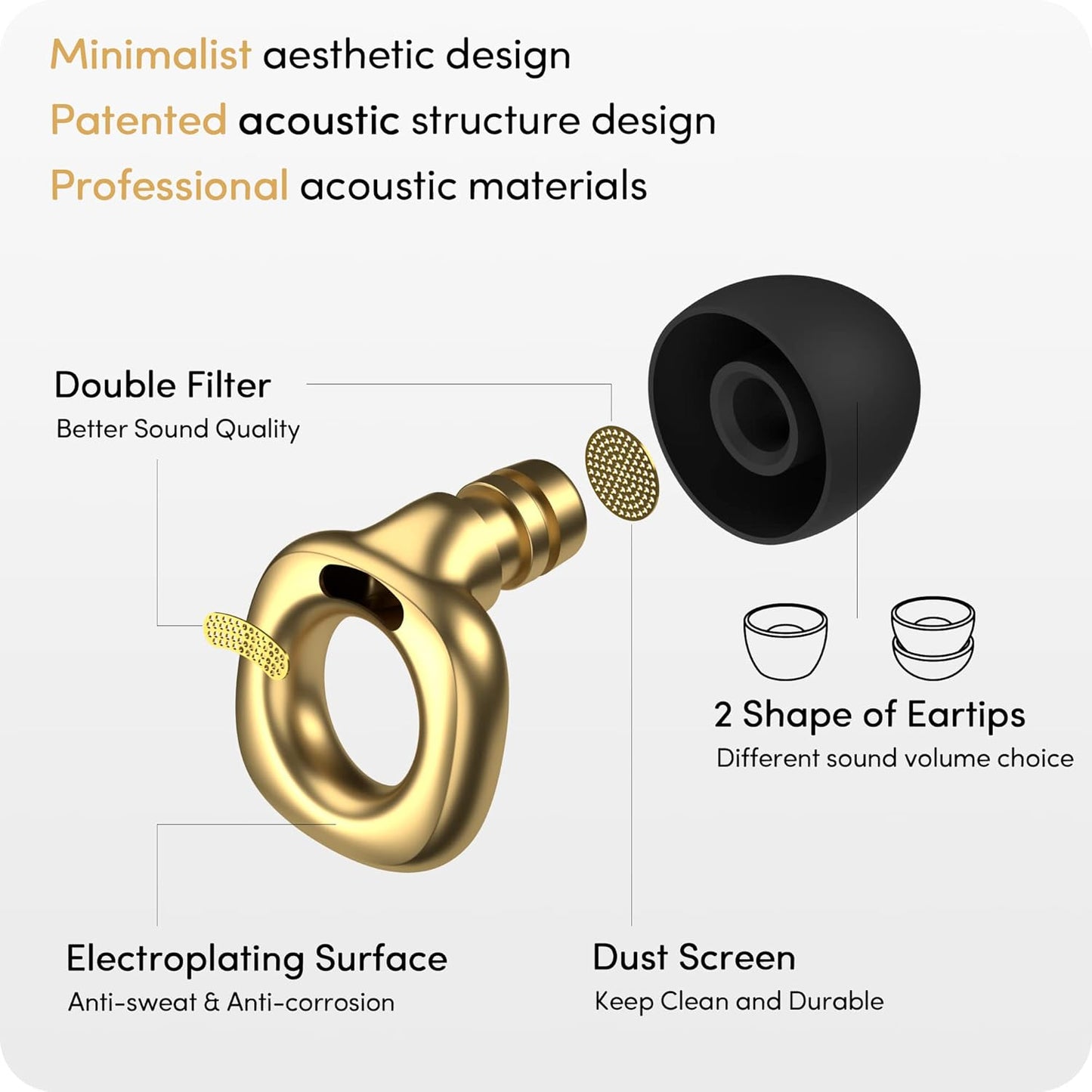 Audree Style Ear Plugs for Noise Reduction, Reusable High Fidelity Earplugs for Concerts, Musicians, Motorcycles, Study, Parent, Party, Flights & Noise Sensitivity, 18-29dB Noise Cancelling, Gold