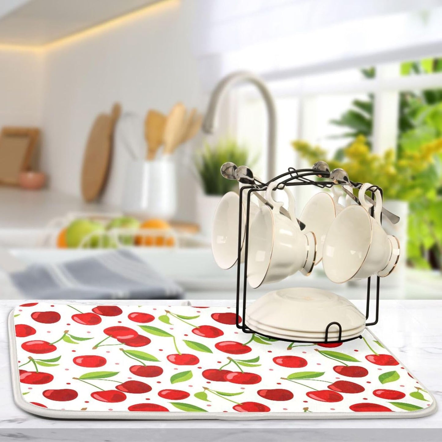 Cherry Fruits Dish Drying Mats for Kitchen 18x24 inch Drying Mat Absorbent Microfiber Dish Mat Drainer Rack Mats Fast Dry for Kitchen Counter