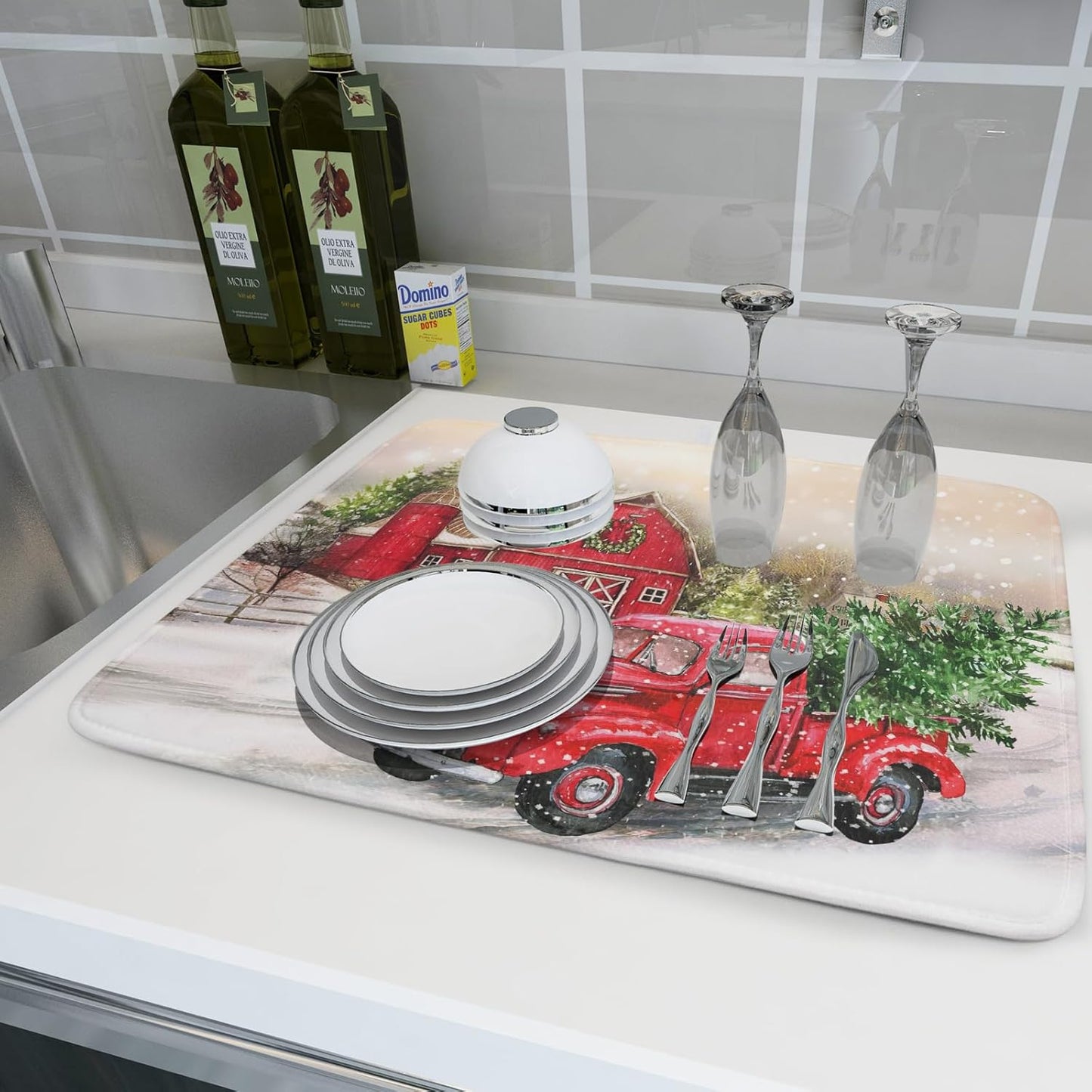 Red Truck Dish Drying Mat Xmas Tree Dish Drainer Rack Mat Winter Microfiber Absorbent Drying Pad for Home Kitchen Counter Decor 18x24 Inch