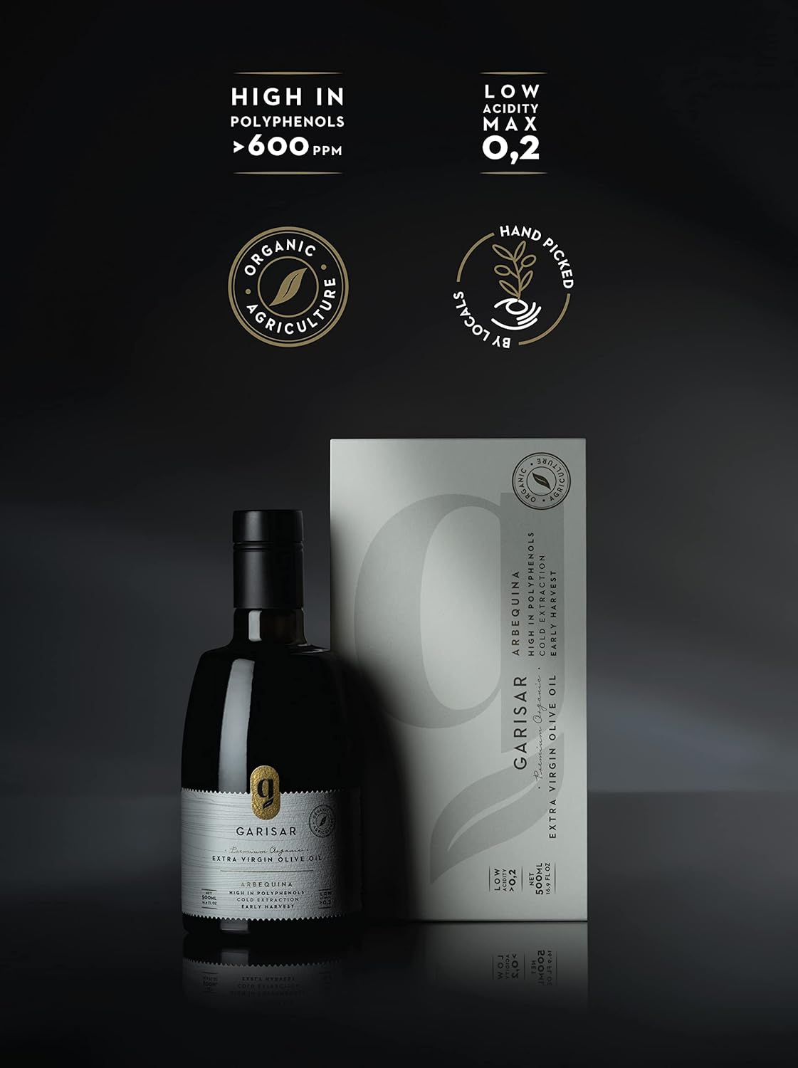 Garisar High In Polyphenol Premium Extra Virgin Olive Oil (>600 ppm), Low Acidity (max 0.2%), NYIOOC 2025 Gold Medal Winner, Organic Agriculture, Hand Picked, Cold Pressed, 100% Arbequina, Pack of 2