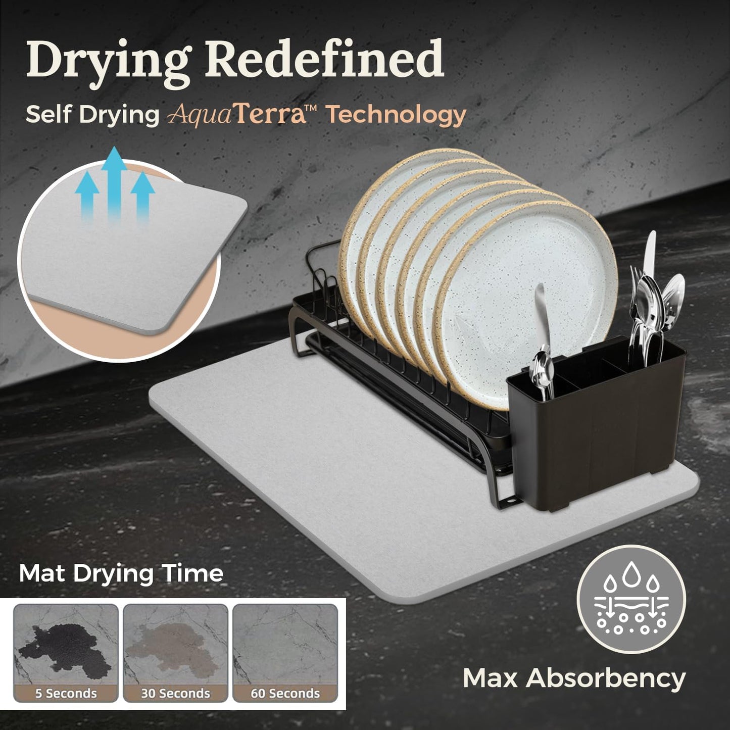 AquaTerra Diatomaceous Earth Drying Mat with Matching Sponge Caddy & Dish Rack | 3-Piece Set (Light Gray, Large) | Heat-Resistant & Multi-Purpose for Drying and Kitchen Organization