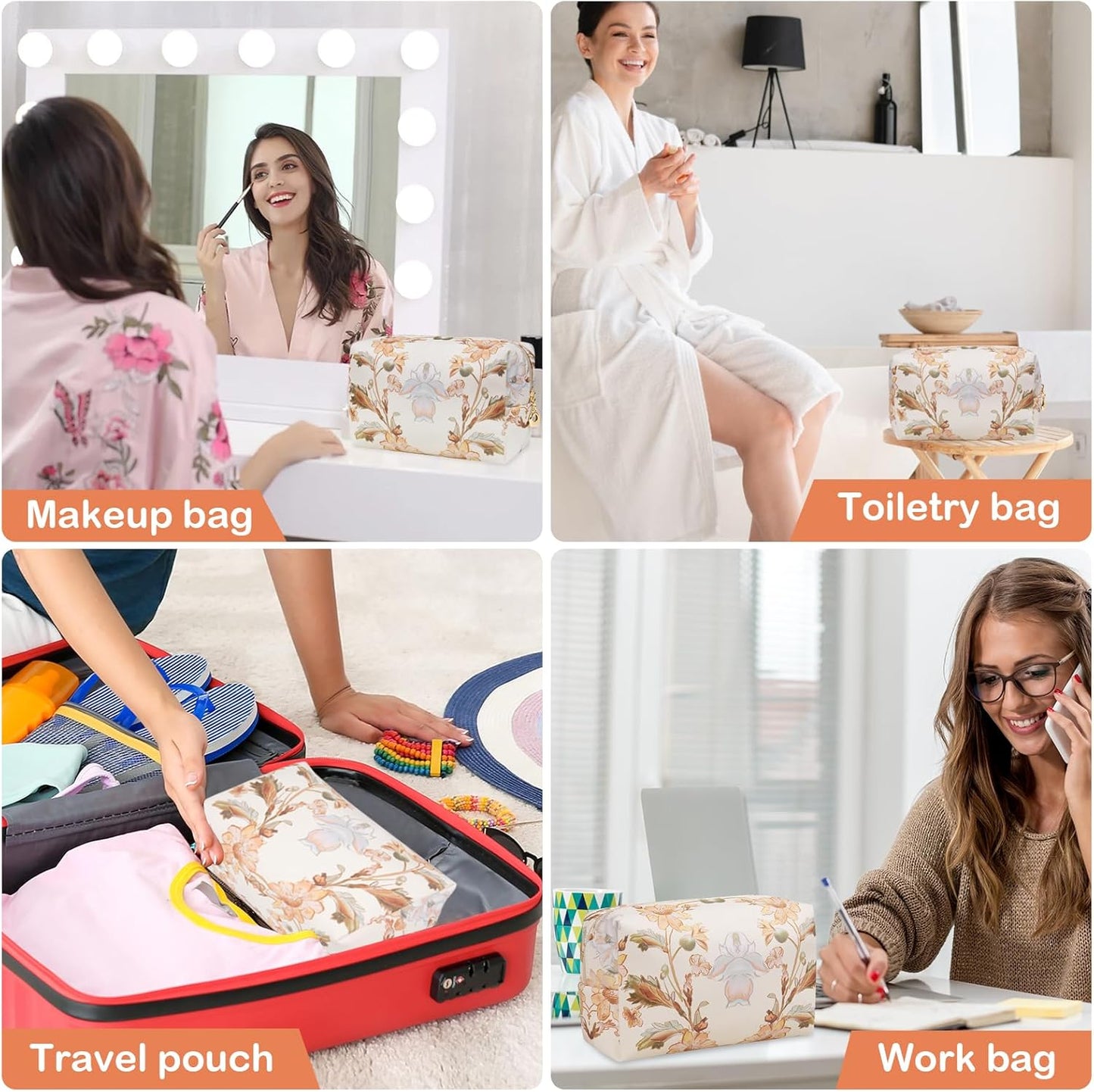 Floral Waterproof Makeup Bag, Leather Cosmetic Bag with Compartments, Zipper Make up Pouch Organizer, Portable Storage Travel Toiletry Bag Gifts for Women Girls(Purple Flower)