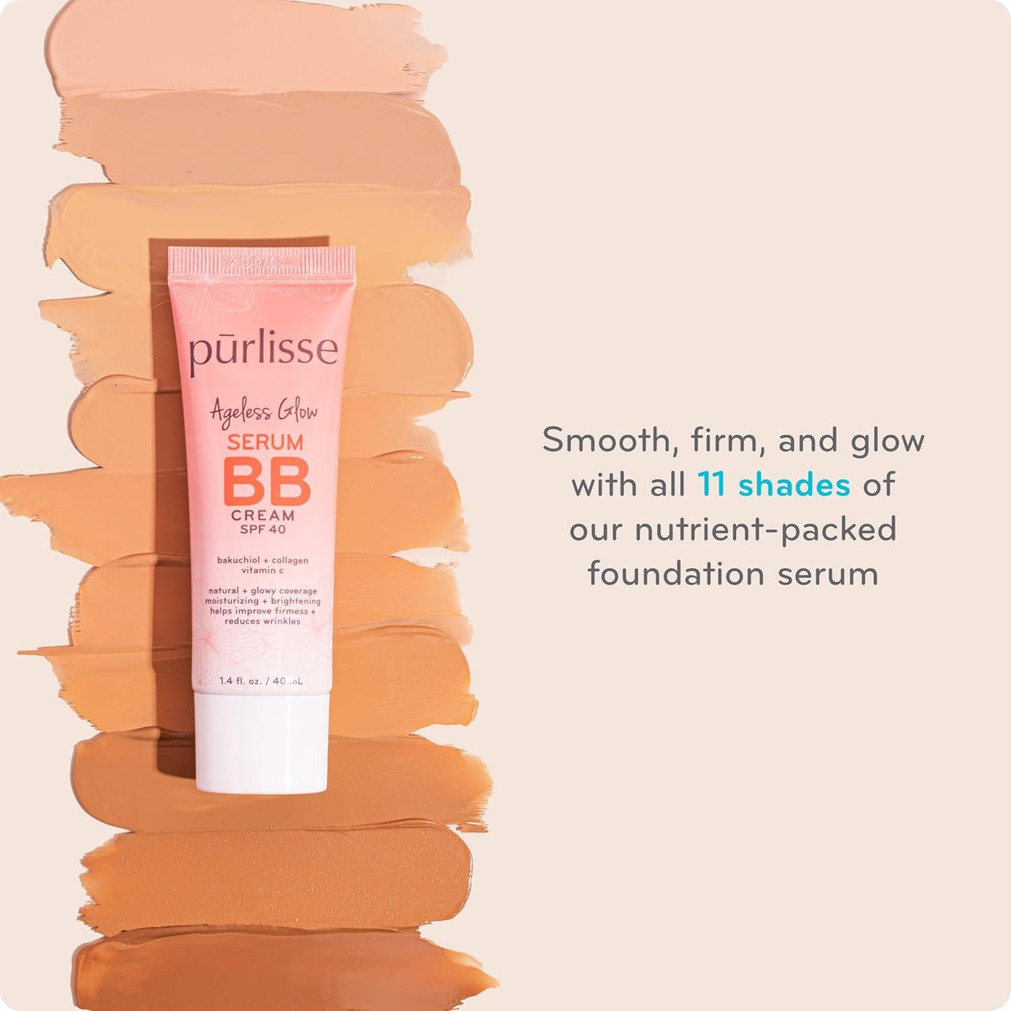 pūrlisse Ageless Glow Serum BB Cream SPF 40 - Glow BB Cream with SPF Enriched with Bakuchiol & Vitamin C to Help Improve Firmness & Reduce Wrinkles for Dewy Skin - Medium Warm (1.4 oz)