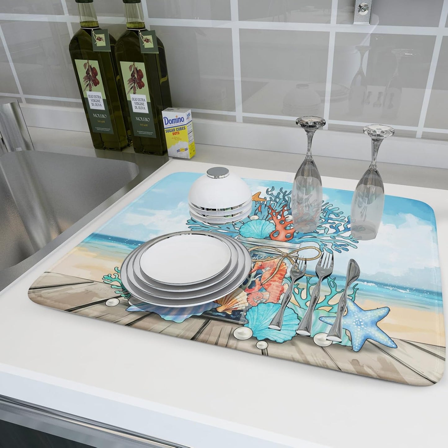 Coastal Coral Dish Drying Mat 18x24 inch Starfish Shell Fast Dry Microfiber Dish Rack Mats Drainer Pad for Countertop Kitchen Table Decor