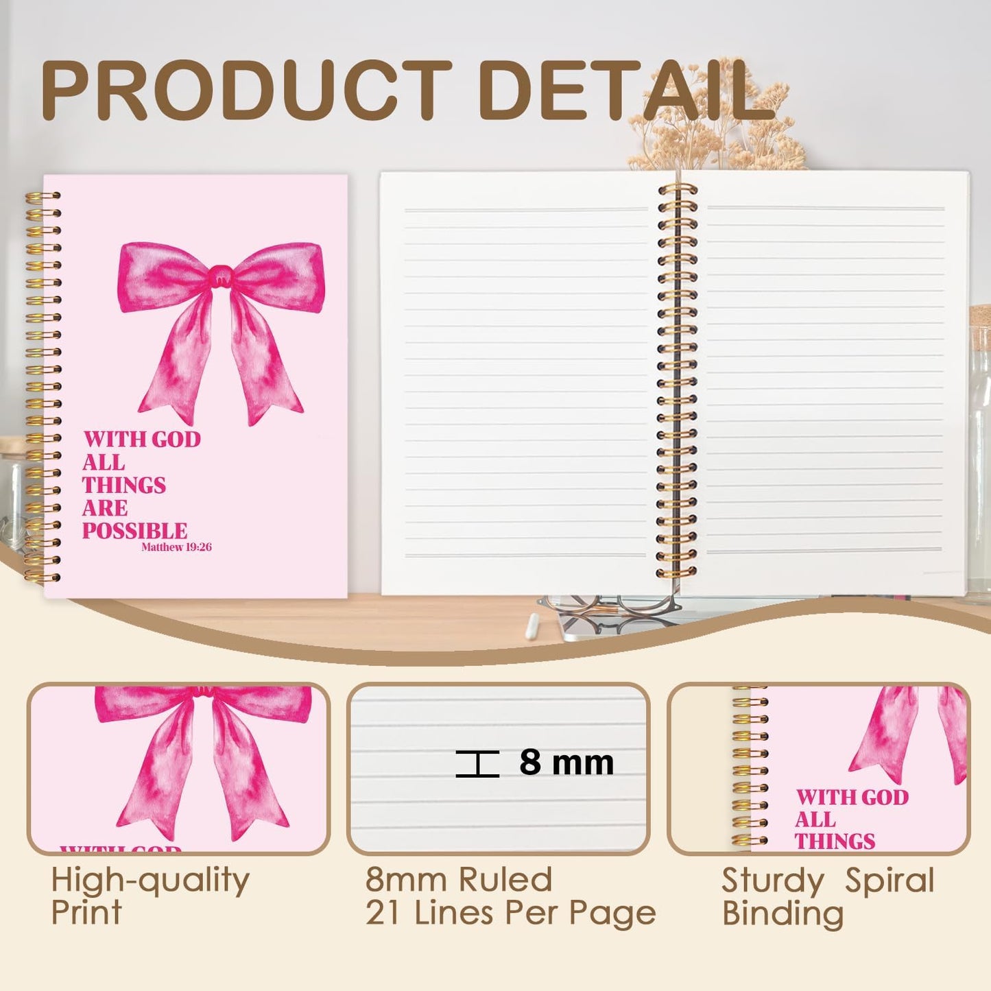 FDHSPAAM Coquette Pink Bow Christian Spiral Journal Notebook 5.5x8.3in, with God All Things Are Possible Inspirational Prayer Journal for Woman, Inspirational Bible Notebooks for Note Taking
