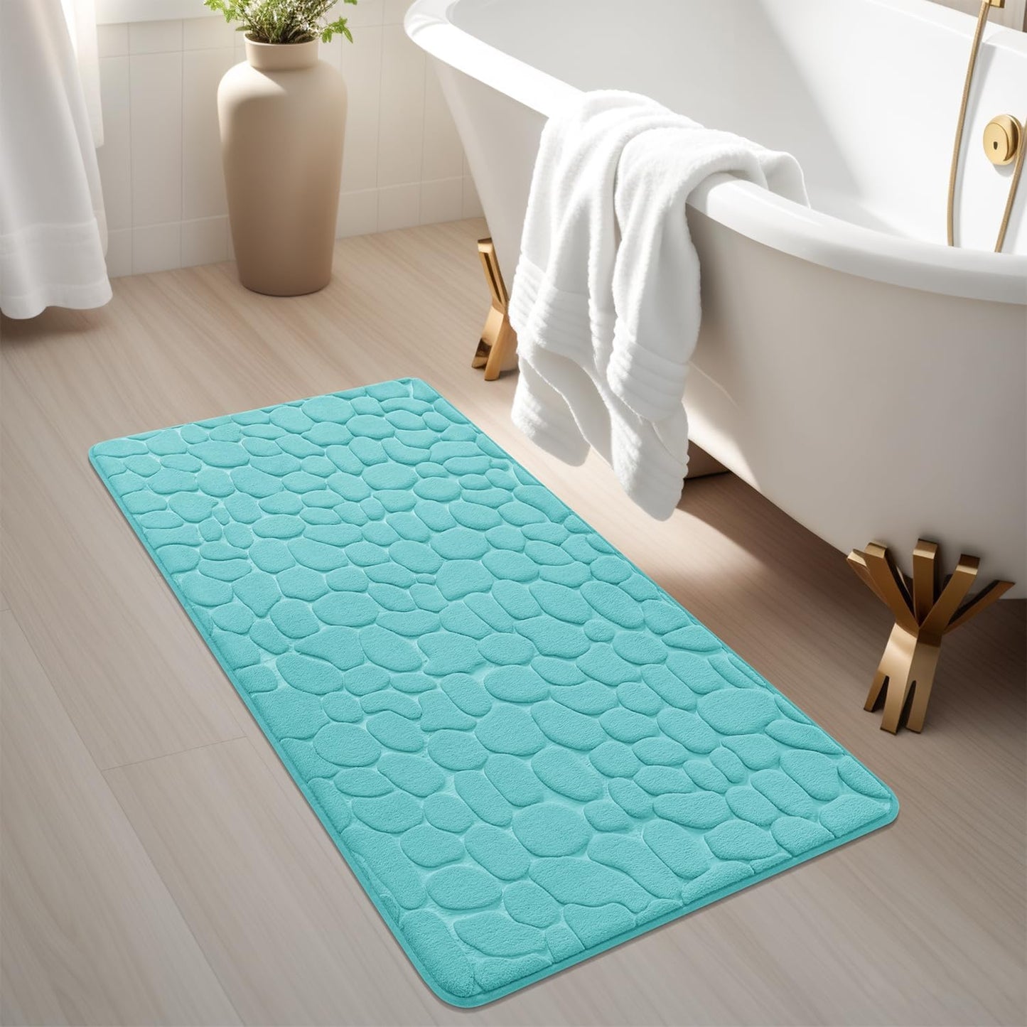 YIHOUSE Memory Foam Runner Rug, Cobblestone Bathroom Runner Rugs Super Water Absorbent Bath Mats for Bathroom Machine Washable Bath Rugs Runner for Hallway Bedroom Laundry Room(24 x 47,Teal)