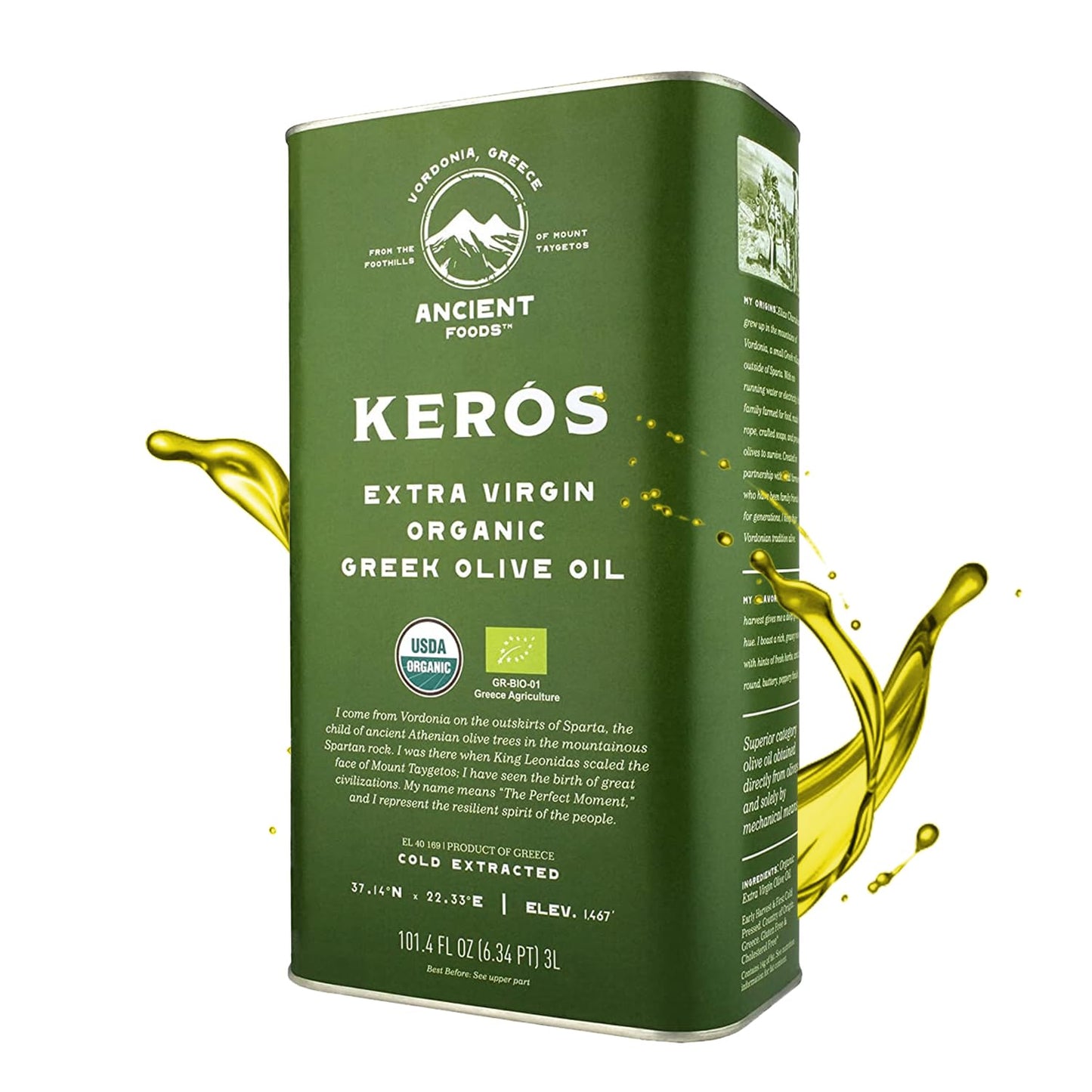 Ancient Foods Keros Greek Organic Extra Virgin Olive Oil – Cold Pressed Olive Oil from Greece, High Phenolic Organic Olive Oil from 1000 Year Old Trees (101oz, 3L)