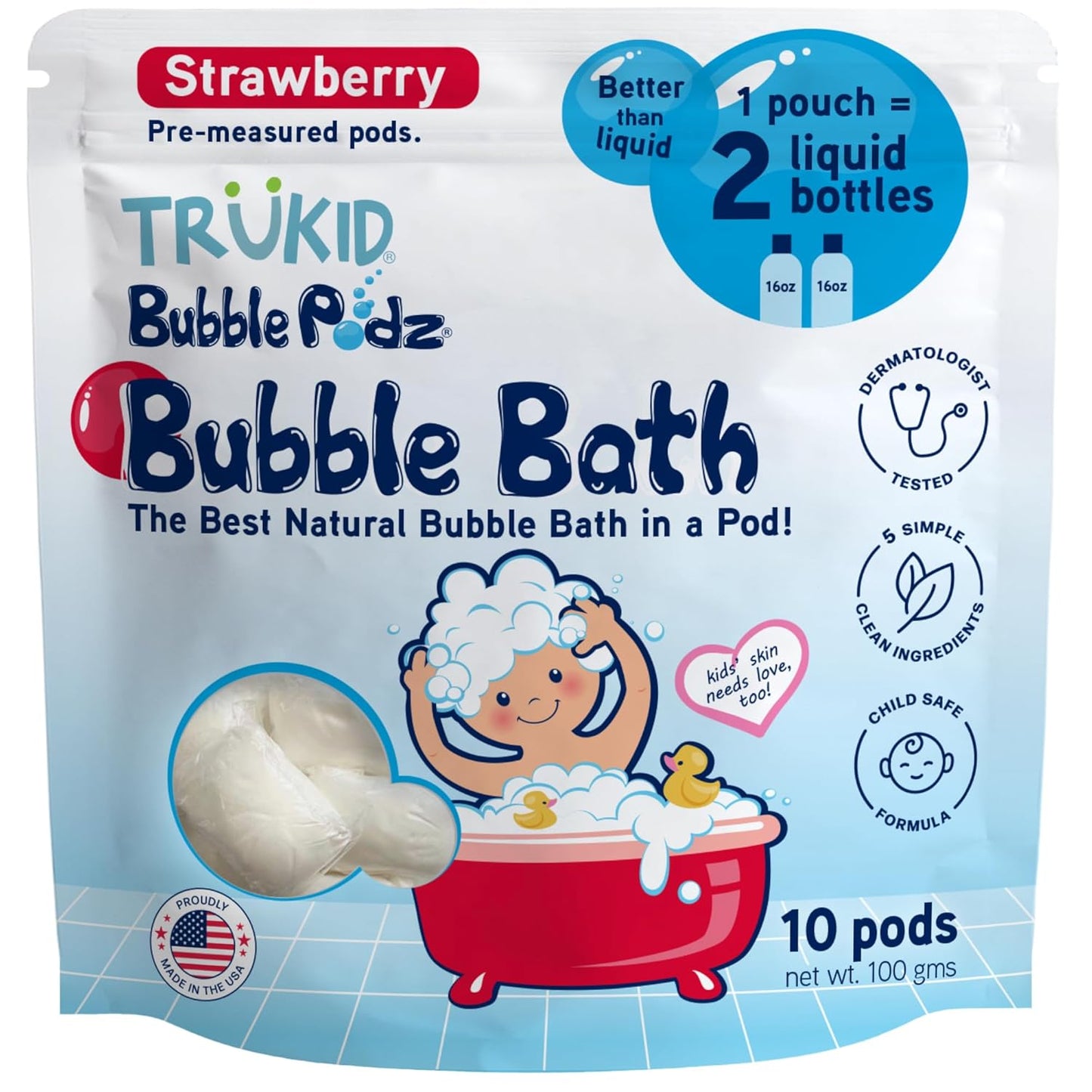 TruKid Bubble Podz Bubble Bath for Kids, Toddlers, & Babies, Tear Free Gentle & Refreshing Bath Bomb for Sensitive Skin with Natural Moisturizers, Non-Toxic, pH Balanced, Strawberry Scent (10 Podz)