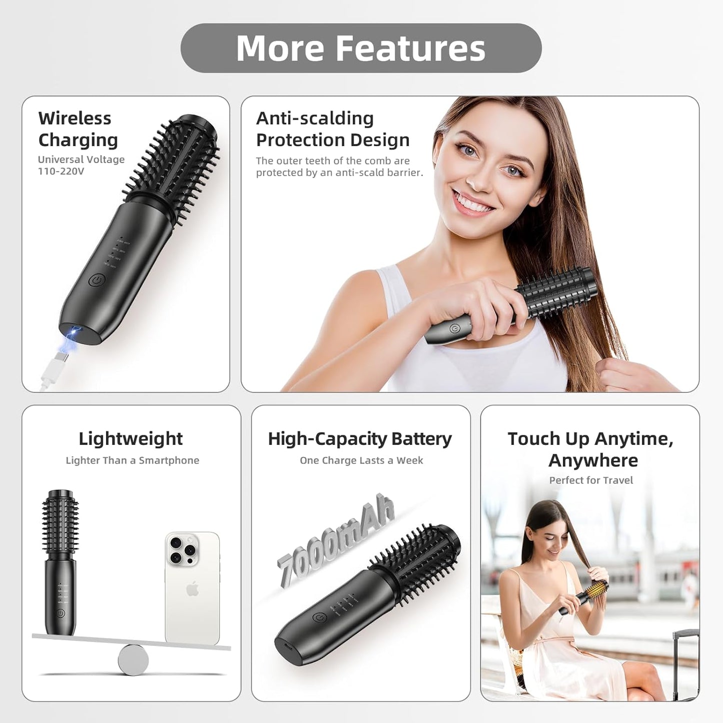 CARESKY® Cordless Curling Iron Brush, 1.5 Inch Mini Travel Hair Curler with 200 Million Negative Ions, Portable Heated Round Straightener Brush Rechargeable for Curl, Touch-Up, De-Frizz, Styling
