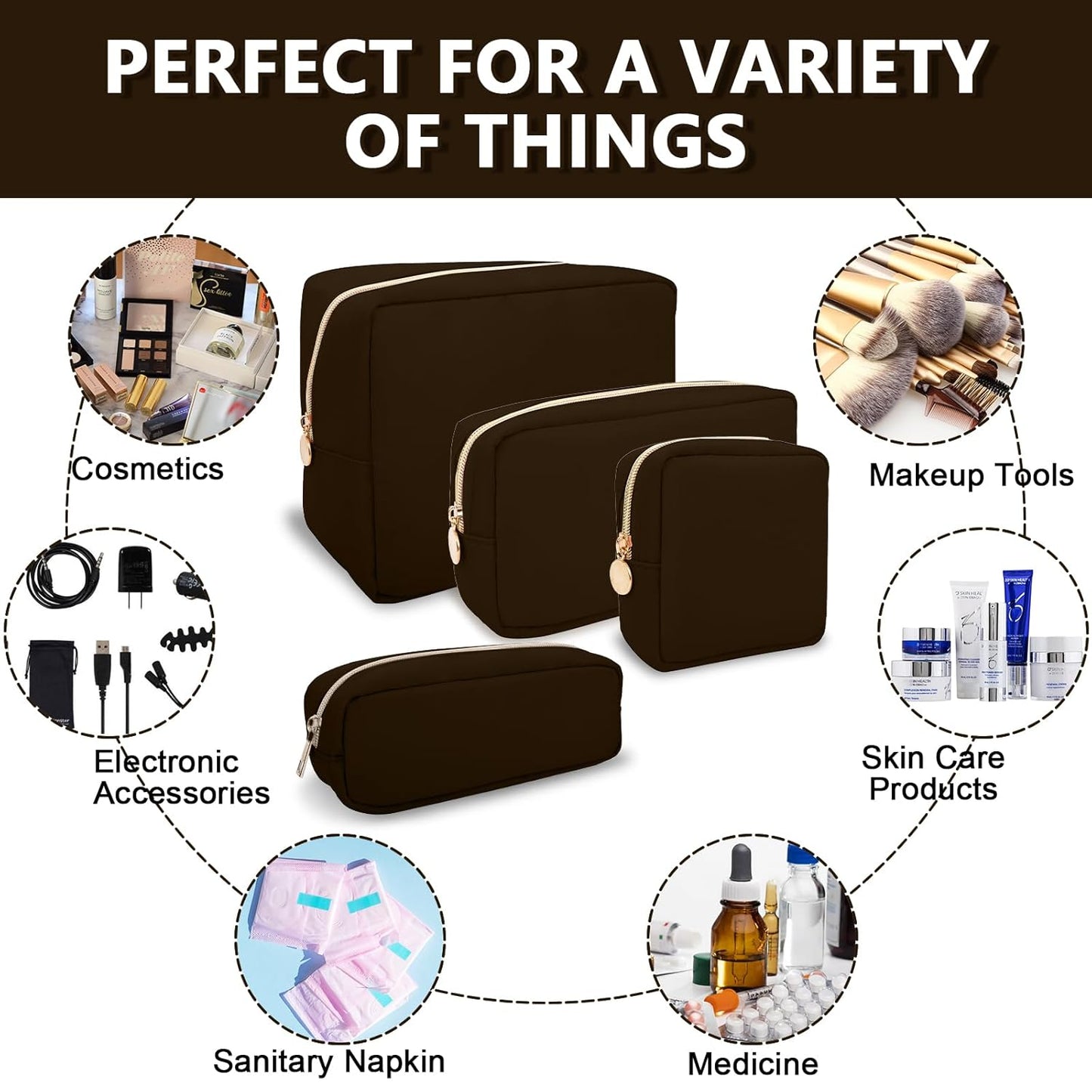 Large Makeup Bag Pouch,Nylon Women Travel Toiletry Storage Bag Preppy Cosmetic Bag for Girls,Big Makeup Organizer Bag Cute Zipper Pouch Skincare Bag for Sport Work Gift(Large-Chocolate)