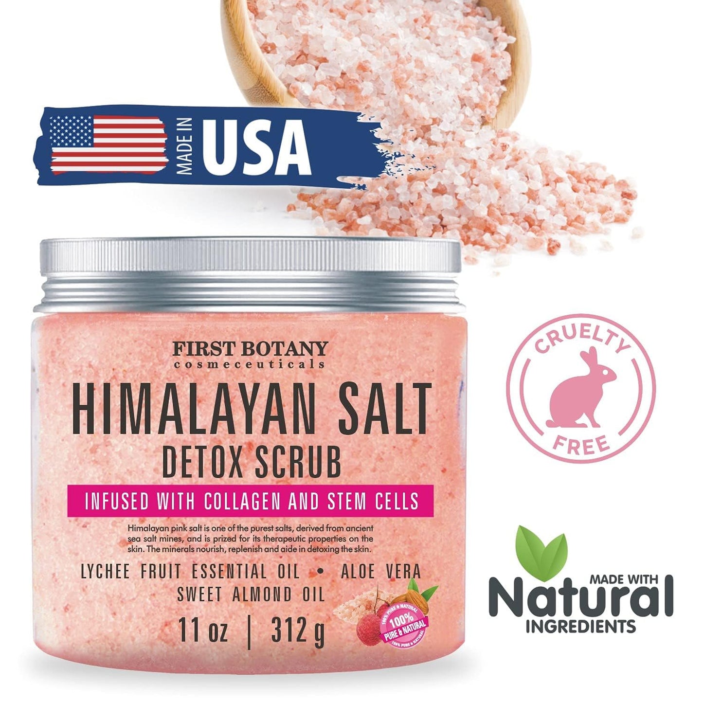 First Botany Himalayan Salt Body Scrub with Collagen & Stem Cells, Natural Exfoliating Salt Scrub Body & Face Souffle (20 oz)