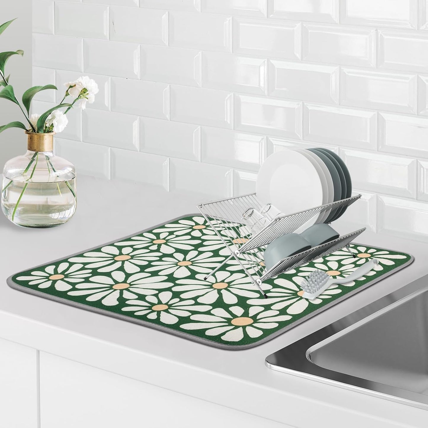 SHIYUE Dish Drying Mat for Kitchen Counter Super Absorbent Spring Kitchen Decor Microfiber Drying Matainers Rack Fast Pad Dish Drainer Mats(Green Flower,18''x24'')