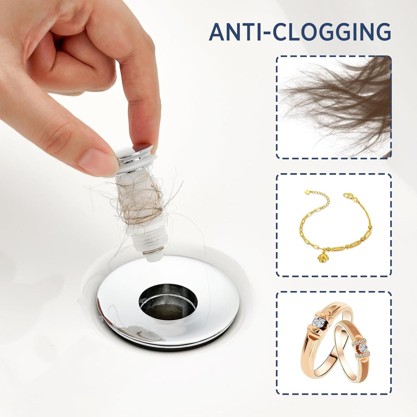 Universal 2 in 1Bathroom Sink Stopper, 2 Pack Pop Up Bathroom Sink Drain Strainer for 1.06"-1.65" Basin Drain Holes, Anti Clogging Drain Filter(Chrome Silver)