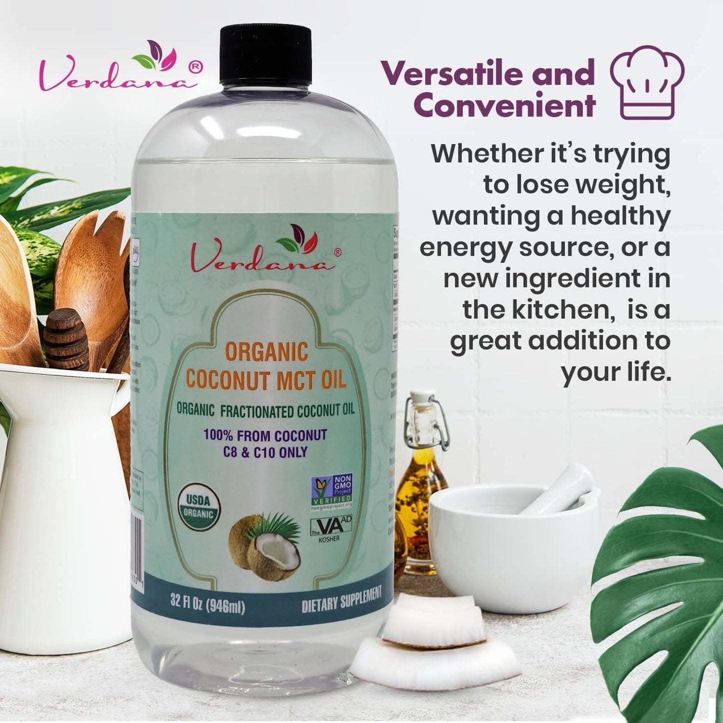 Verdana Organic MCT Oil – 32 Fl Oz Dietary Supplement – 100% Coconut Derived, Fractionated, Food Grade – For Oil Pulling, Keto Coffee, Oral Rinse, Massage & Aromatherapy – Vegan, Non-GMO, Kosher