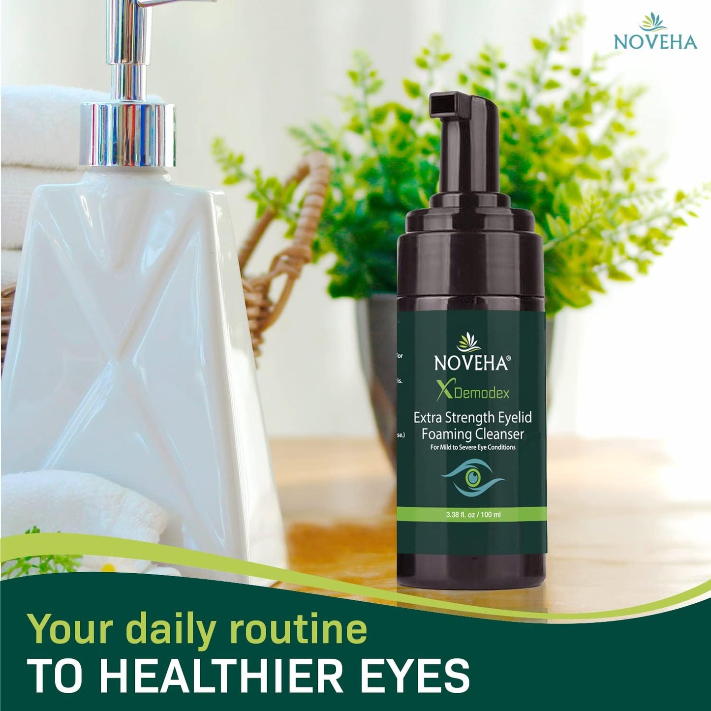 NOVEHA Demodex Eyelid Cleanser Foam | Extra Strength Tea Tree Oil Formula | Daily Face Wash For Eyelash, Demodex, MGD, Stye Eyes, Eye Irritations & Skin Dryness, 3.38 fl oz (3 Pack)