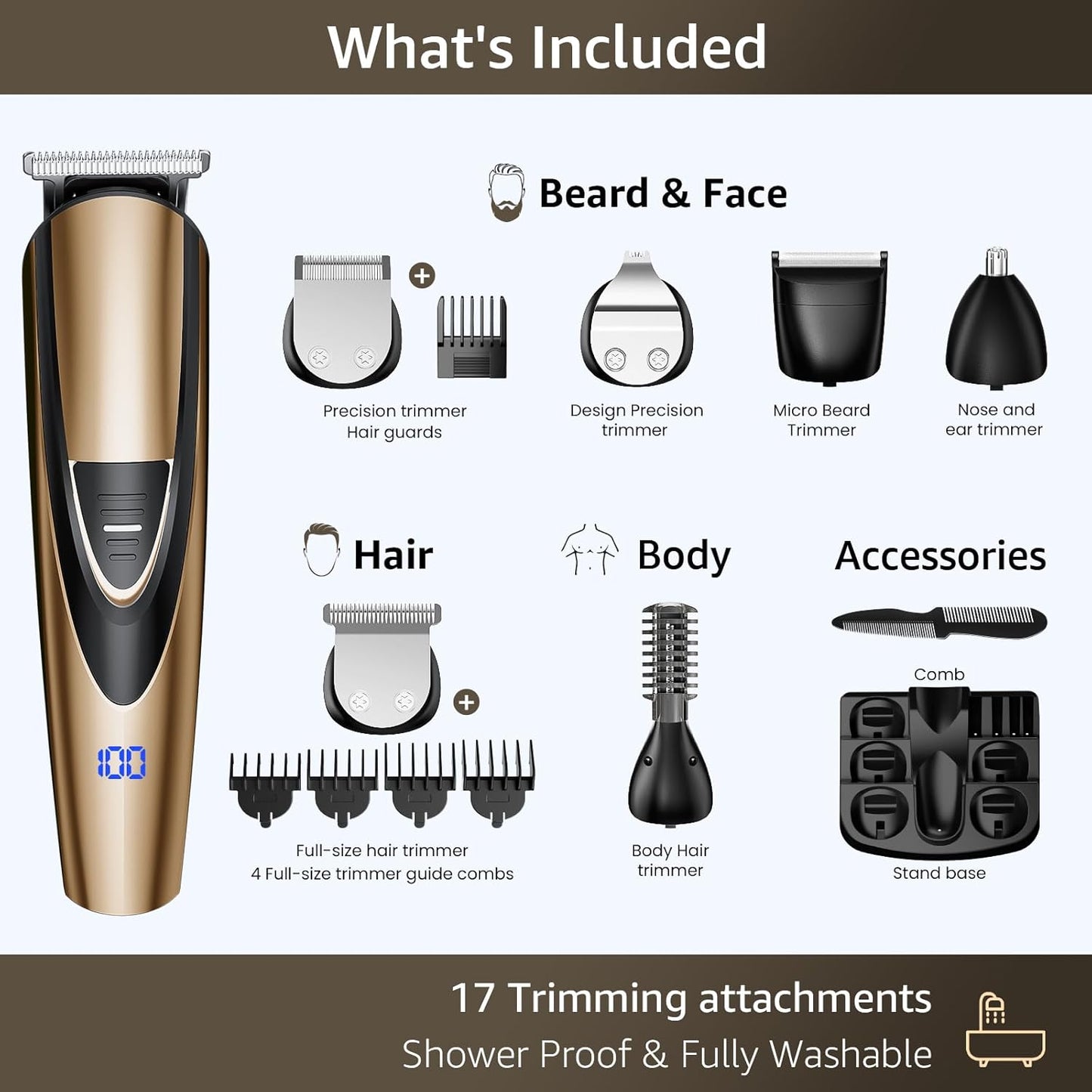 Electric Beard Trimmer for Men: 16-in-1 Professional Barber Hair Clippers - Cordless Grooming Kit - Turbo Speed & Precision Blades, Gold