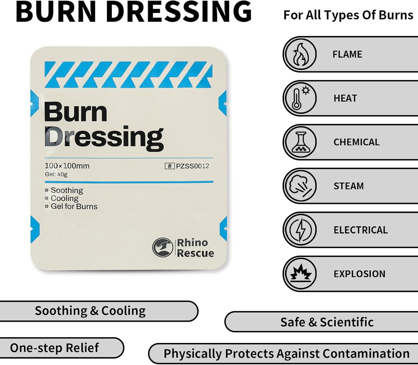 RHINO RESCUE 20 Pack 4" X 4" Burn Dressing, Burn Gel Cooling Soothing Cream Relief Burn First Aid Supplies (20)