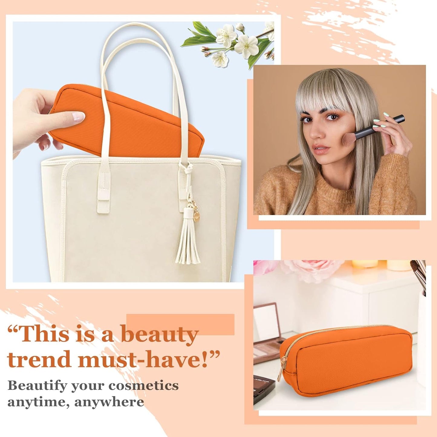 Izuzta Nylon Small Makeup Bag Slim Pouch, Preppy Cute Brush Case, Cosmetic Zipper for Purse, Waterproof Travel Toiletry Clutch Coin Organizer for Women Girls (Orange)