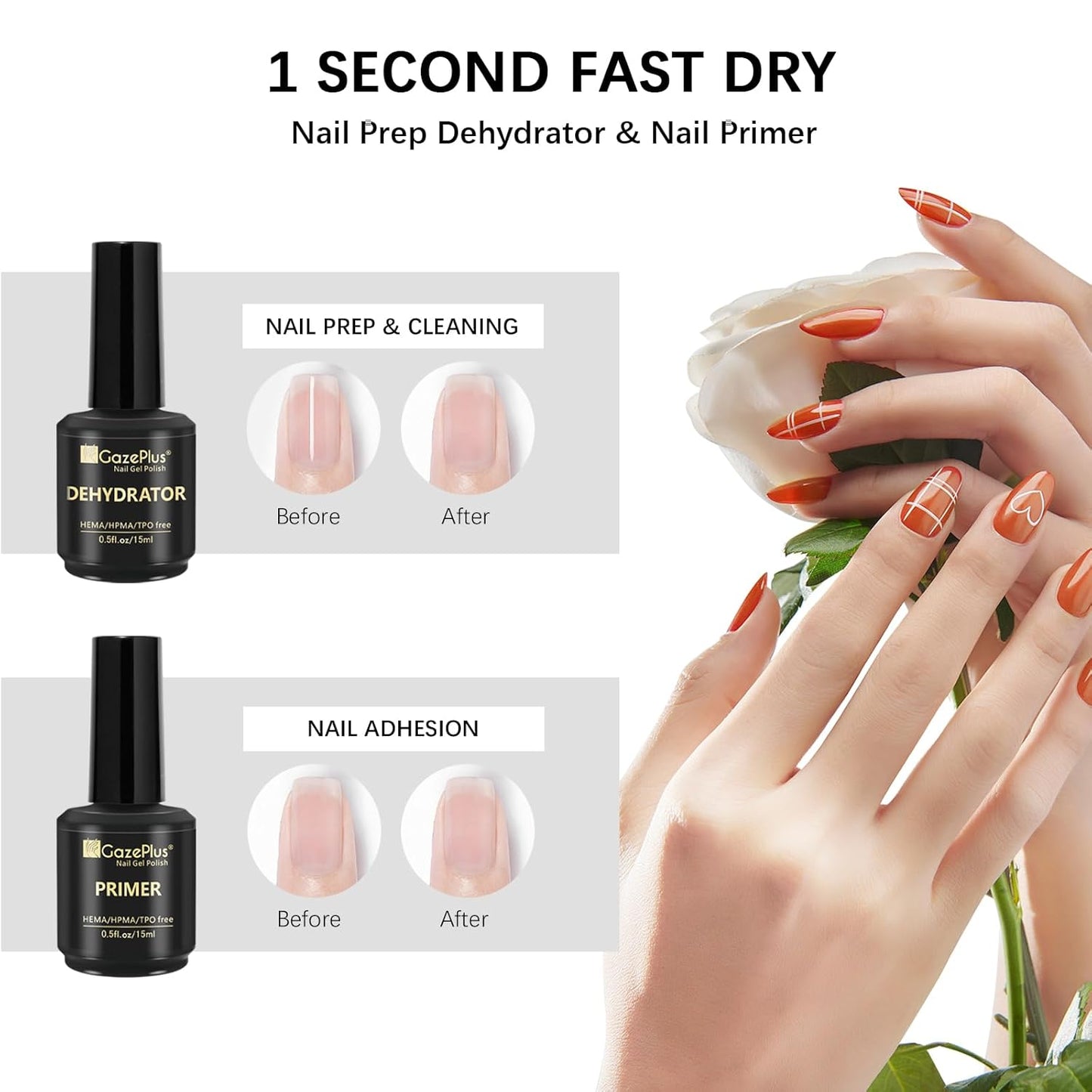 15ML Top Coat & Base Coat Set with Nail Primer and Nail Prep Dehydrator, Acid-Free Hema-free Dehydrate & Primer Set Shiny Top Coat for Acrylic Gel Nail Gel Polish Manicure