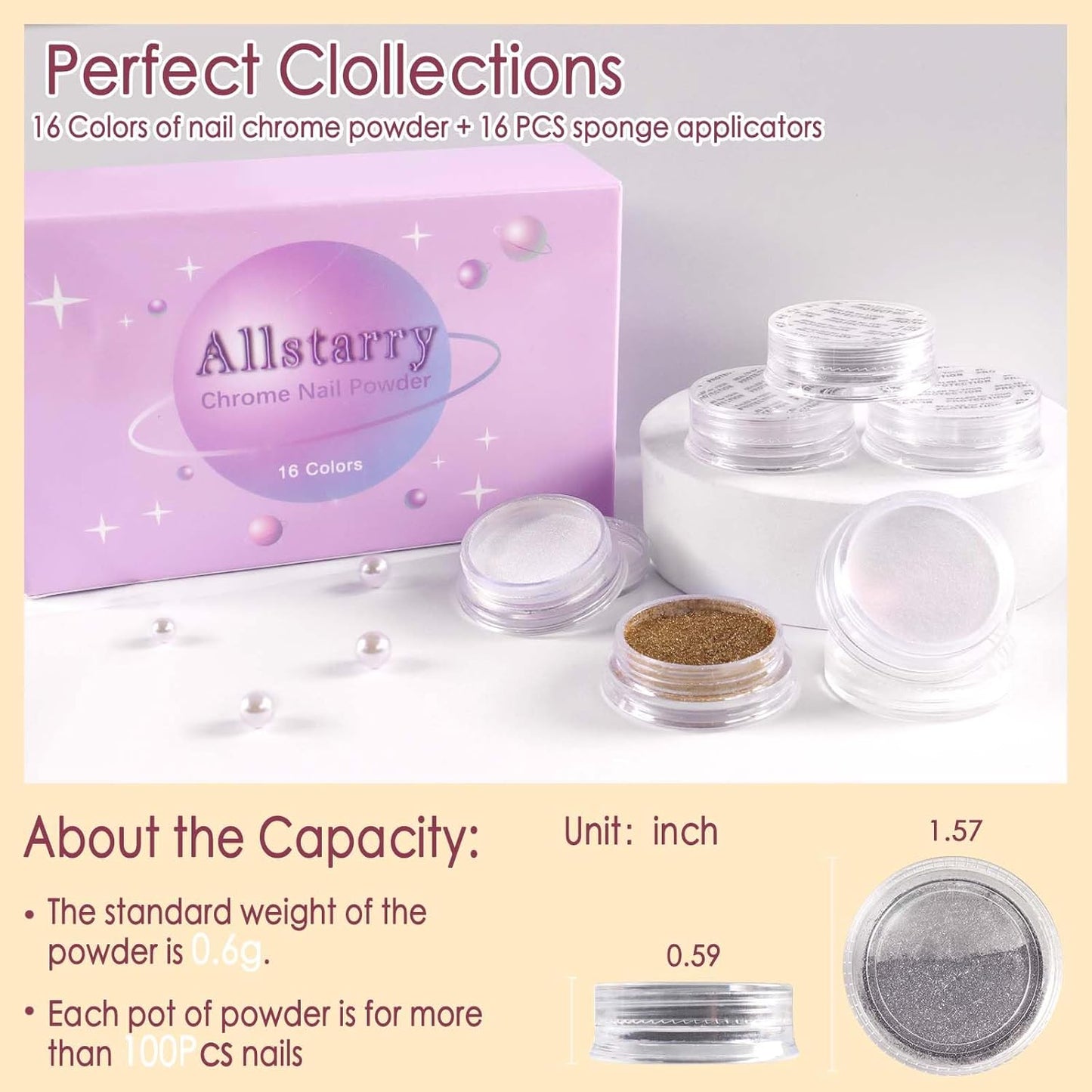 Allstarry Chrome Nail Powder Kit - 16 Colors Metallic Mirror Effect Pigment Powder Magic Glitter Dust for Gel Polish Nail Art Decoration with 16 Sponge Sticks