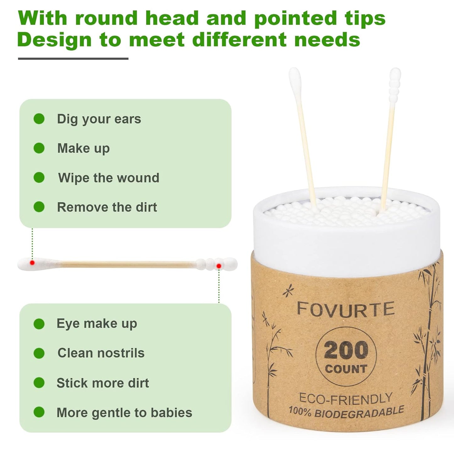 Bamboo Cotton Swabs 400 Count - Spiral&Round Double qTips Cotton Swabs, Organic Wooden Cotton Buds for Ears, Natural Bamboo Ear Sticks Q Tips for Cleaning, Makeup, Travel