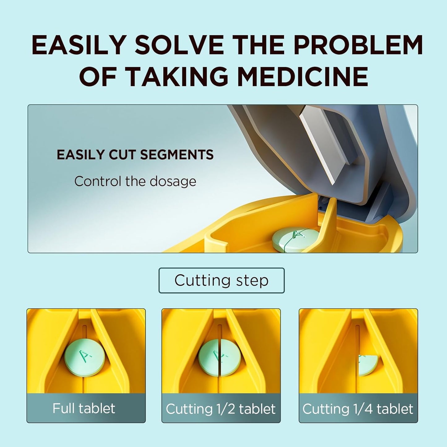 Pill Cutter for Small and Tiny Pills - Pill Splitter with Detachable Silicone Pad - Easy Open Snap Button. Wrap-Around Blade Guard Prevents Cuts. Back Storage (Blue)