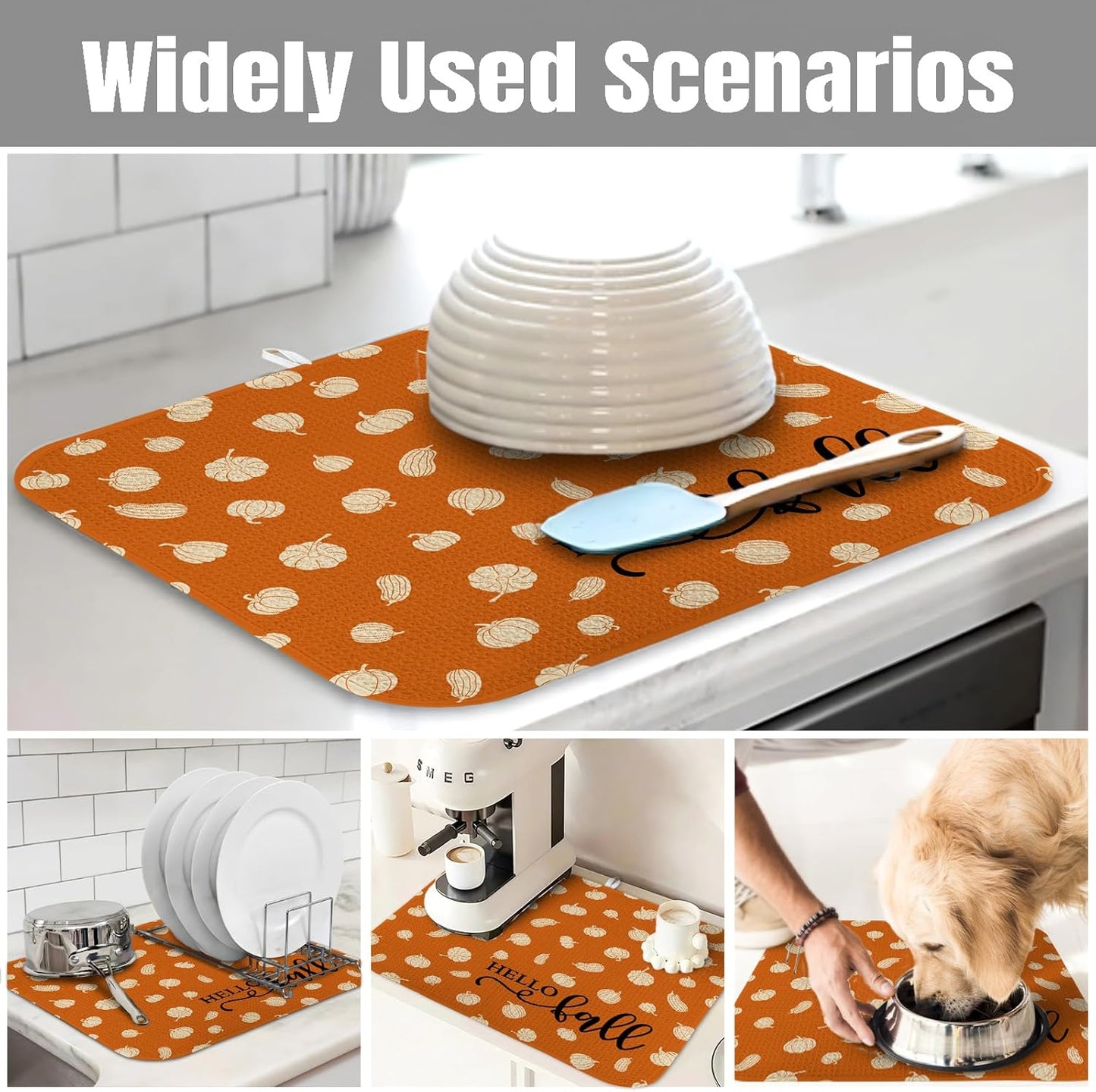Dish Drying Mat for Kitchen Counter Large 16" x 18" Fall Pumpkin Absorbent Microfiber Dishes Drainer Rack Mats Pad Reusable Washable