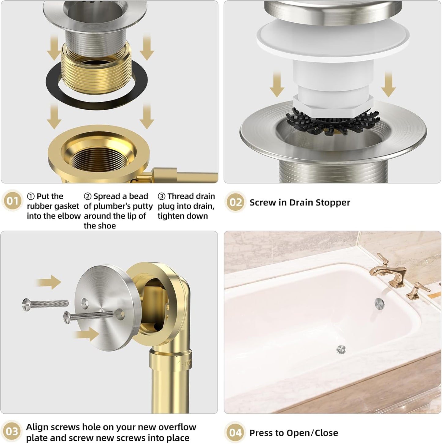 Brushed Nickel Tub Drain Kit with Hair Catcher, Premium Brass Tip-Toe Bathroom Tub Drain Replacement and 2-Hole Overflow Faceplate, 11.5/16 UNC Bathtub Drain Stopper Assembly