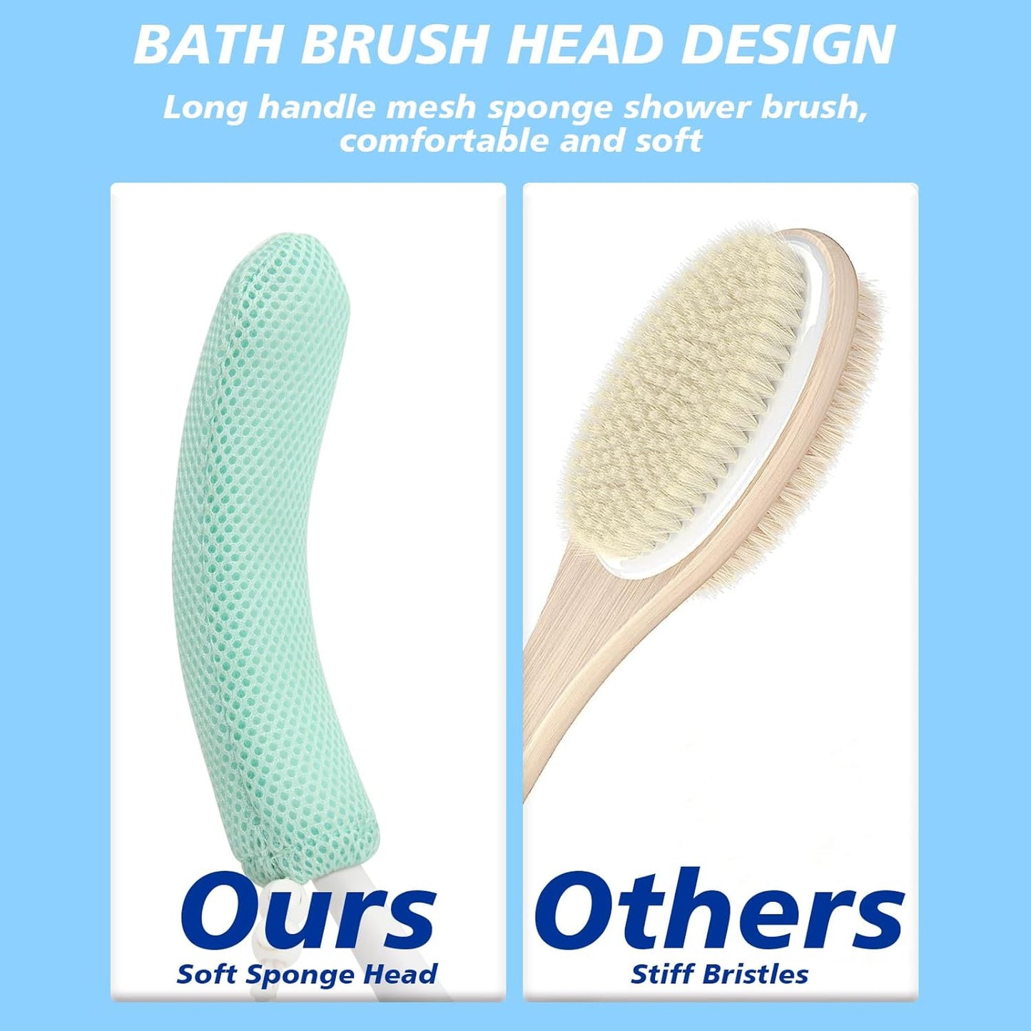 Back Scrubber for Shower,Mesh Sponge Body Shower Brush with Long Handle for Use in Shower Back Scrubber,Back Scrub for Exfoliating Body Scrubber or Shower Brush (Blue and White)