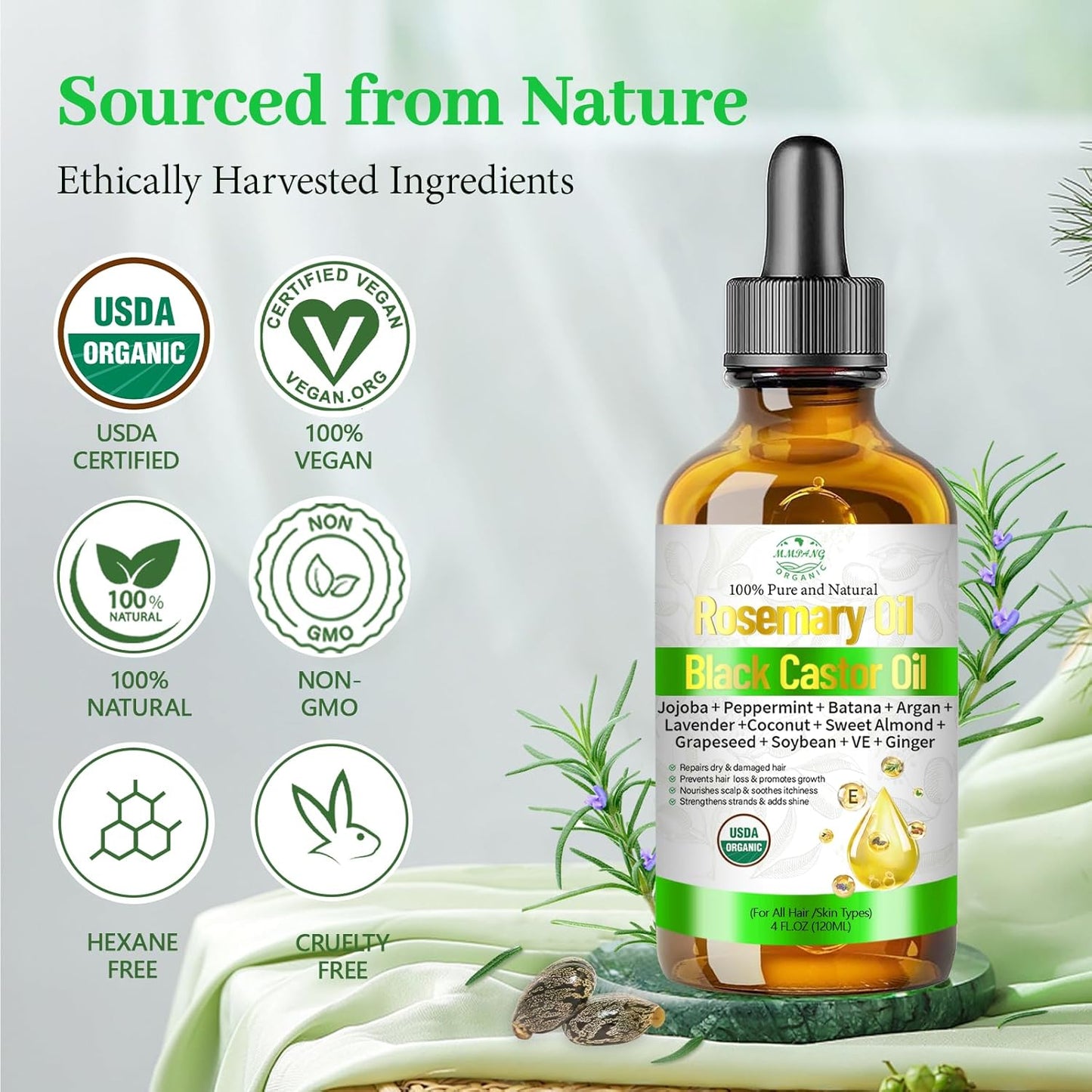 Rosemary Oil for Hair Growth with Castor, Organic Cold Pressed Blend Hair Oil Natural Scalp Care - Soothes Itchy Scalp, Repairs Dry Hair & Nourishes Roots for All Hair Types - 4 Fl Oz
