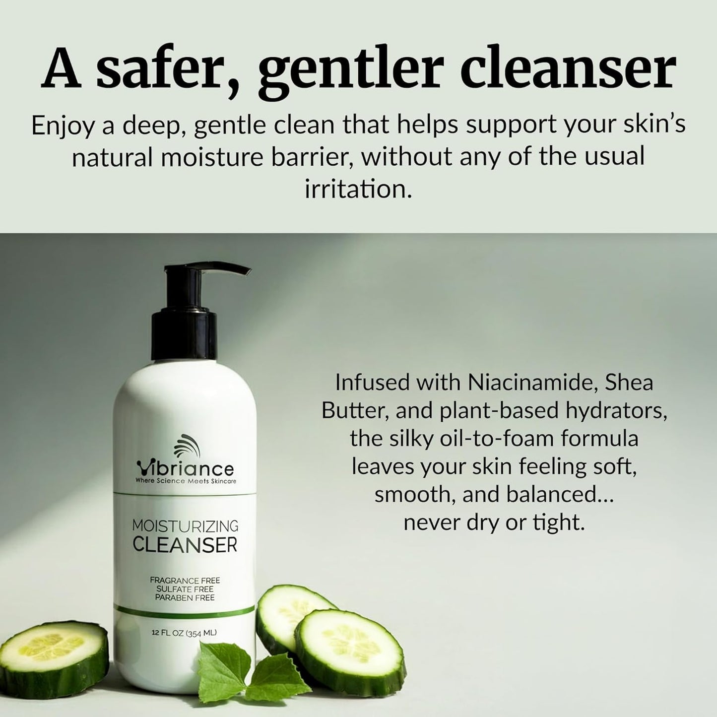 Vibriance Moisturizing Cleanser, Oil-to-Foam Face Wash with Niacinamide, Shea Butter for Mature Skin - Hydrating Gentle Facial Cleanser, Sensitive Face Wash, Sulfate-Free, 12 fl oz