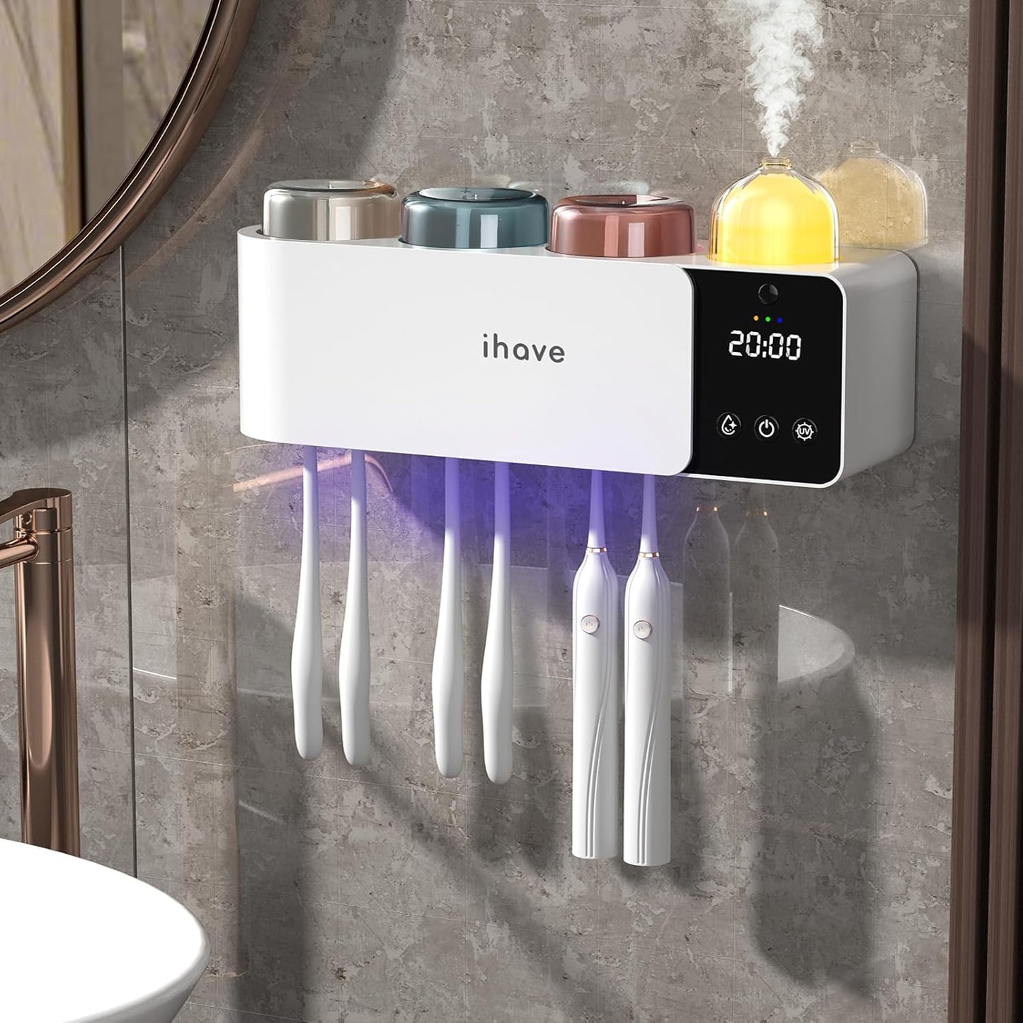 iHave Toothbrush Holders with UV Toothbrush Sanitizer, Aromatherapy Diffuser & IR Night Light - 4-Hour Smart Cruise Disinfection, Auxiliary Combo Drying - Wall-Mounted Bathroom Organizer with 3 Cups