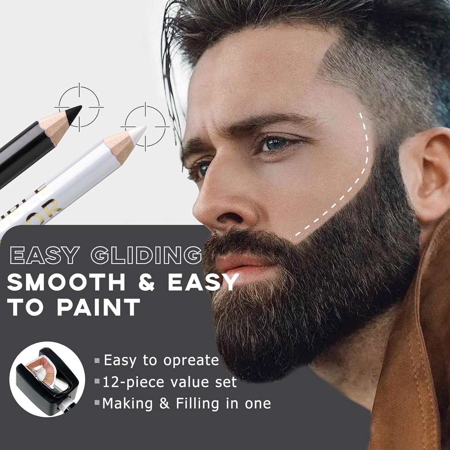 12Pcs Barber Pencil Set Hairline Enhancement Pencils Kit for Lineup Magic Beard Shaping Beard Guide Pen with Sharpener Barber Chalk for Beard Makeup Design for Men White Black Tan