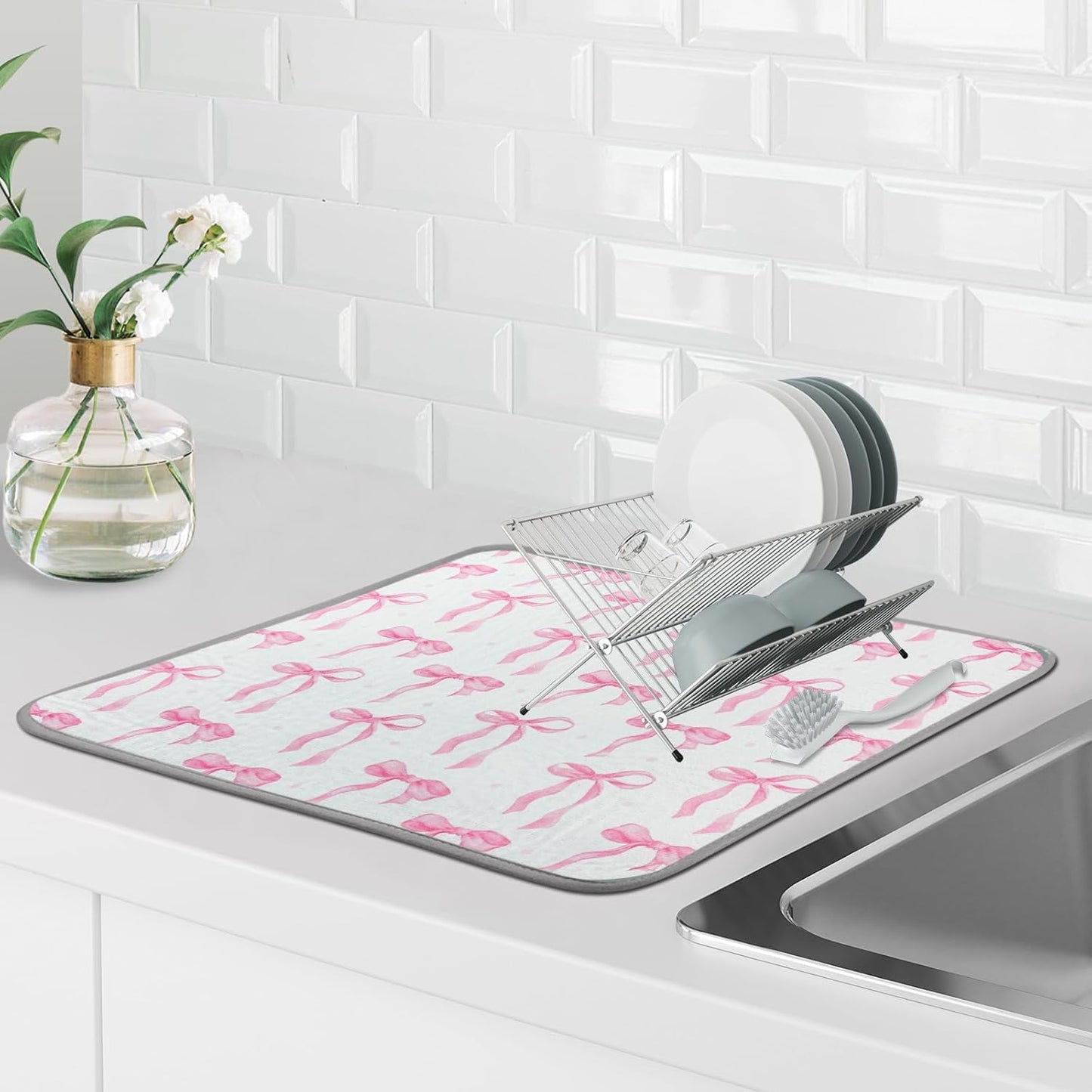 SHIYUE Dish Drying Mat for Kitchen Counter Super Absorbent Spring Kitchen Decor Microfiber Drying Matainers Rack Fast Pad Dish Drainer Mats(Pink Bow,18''x24'')