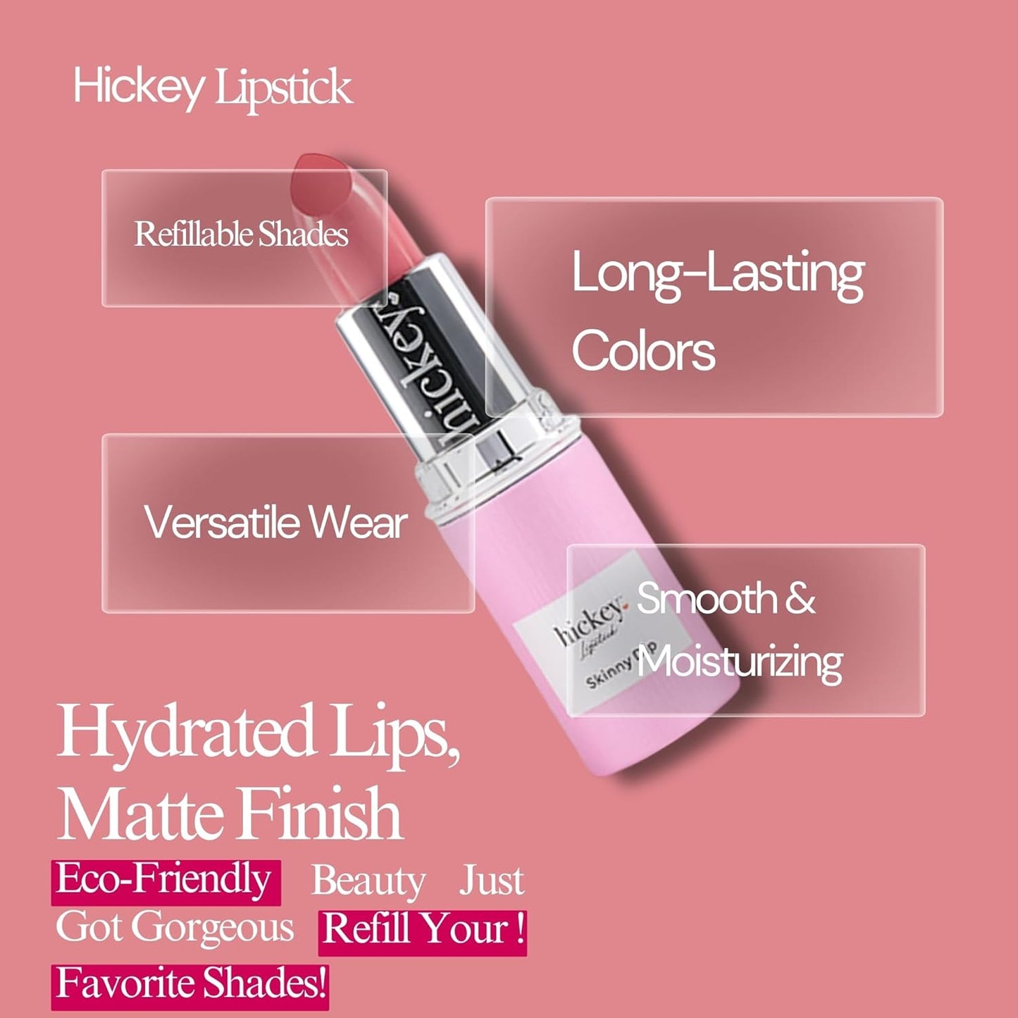 Hickey Lipstick Skinny Dip Light Pink Lipstick Refill - Long Lasting Lipstick for Women - Hydrating & Moisturizing Shade, Lip Color for Women, Gluten-Free & Vegan with Highly Pigmented