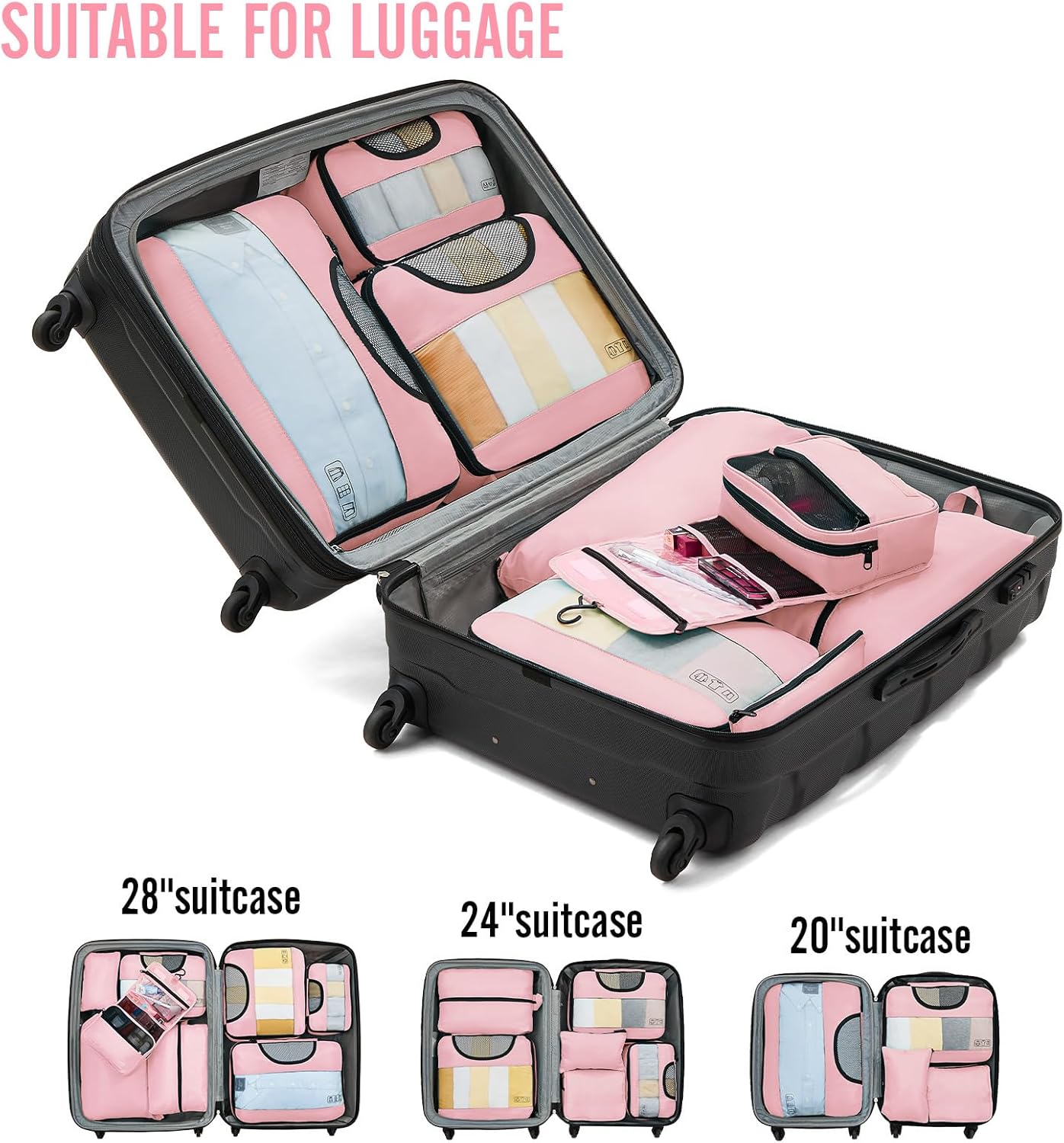 Veken 8 Set Packing Cubes for Travel Essentials, Pink Suitcase Organizer Bags in 4 Sizes, Carry-On Luggage Accessories with Large Laundry & Hanging Toiletry Bag, Must-Have for Airplane, Road Trip