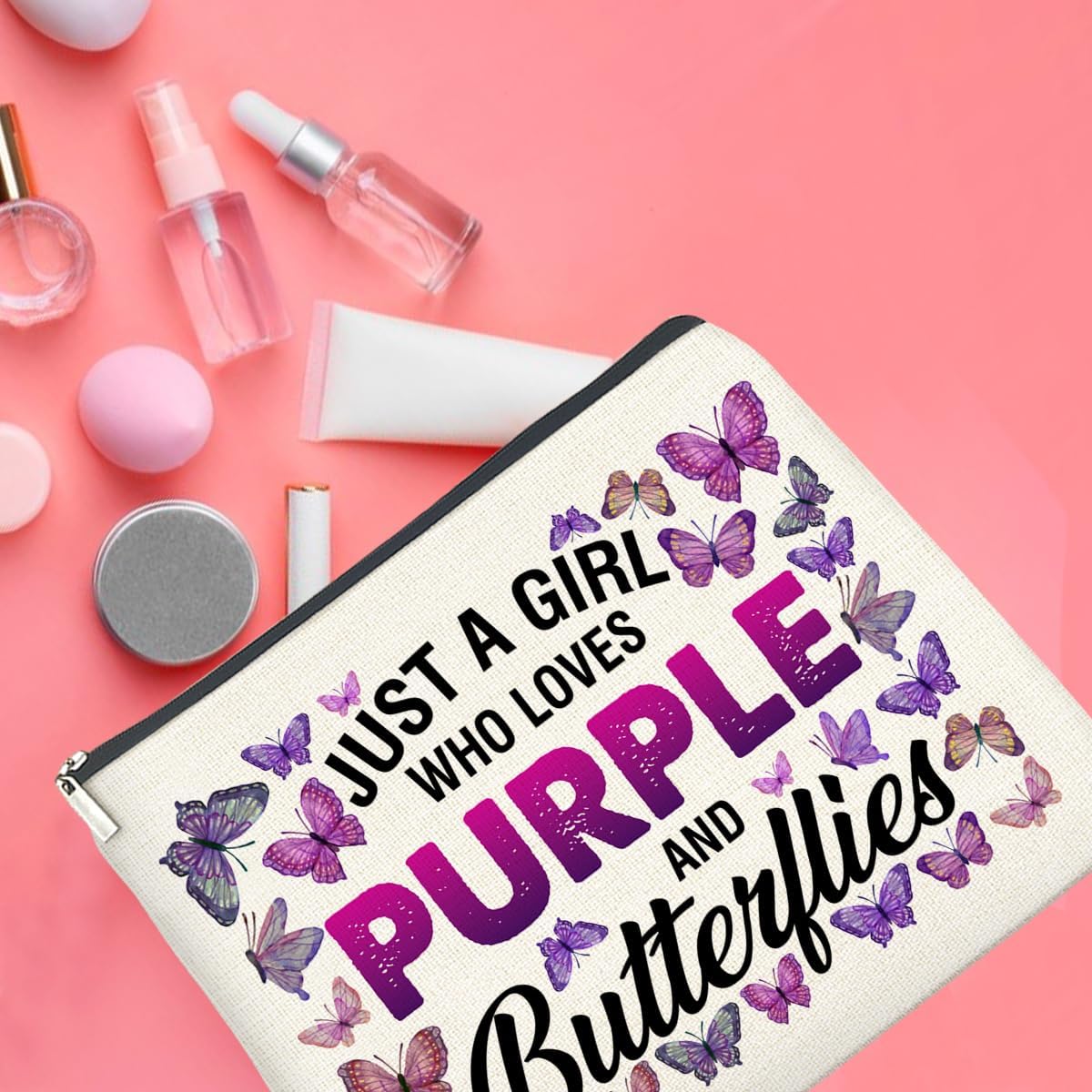 Just a Girl Who Loves Purple and Butterflies Makeup Bag Gifts for Women Purple Butterfly Cosmetic Bag Zipper Pouch Travel