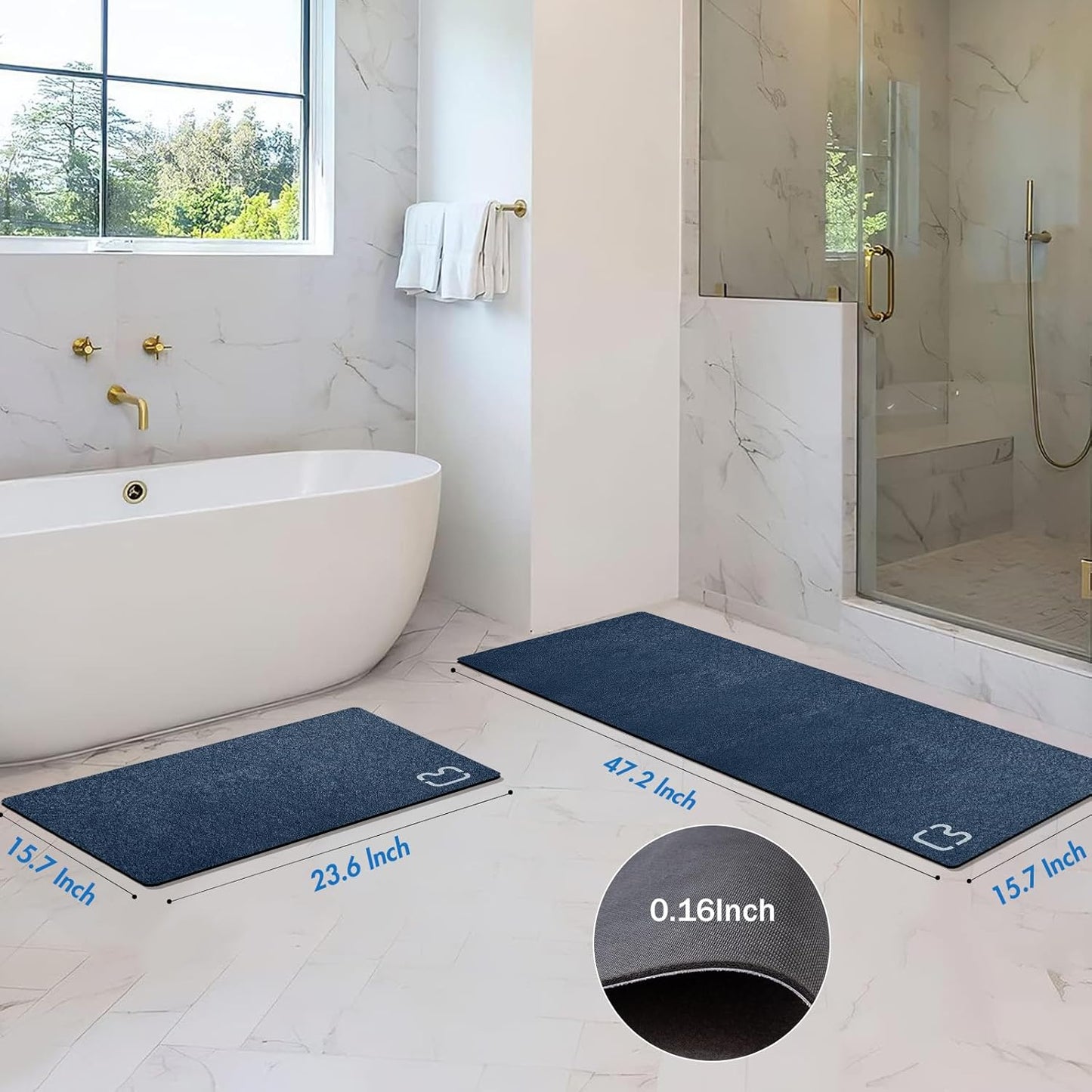 Navy Bathroom Rug Set, 2 Piece Diatomaceous Earth Bath Mats Non Slip Absorbent Quick Dry Thin, 15.7X 23.6 + 15.7X 47.2 Inch