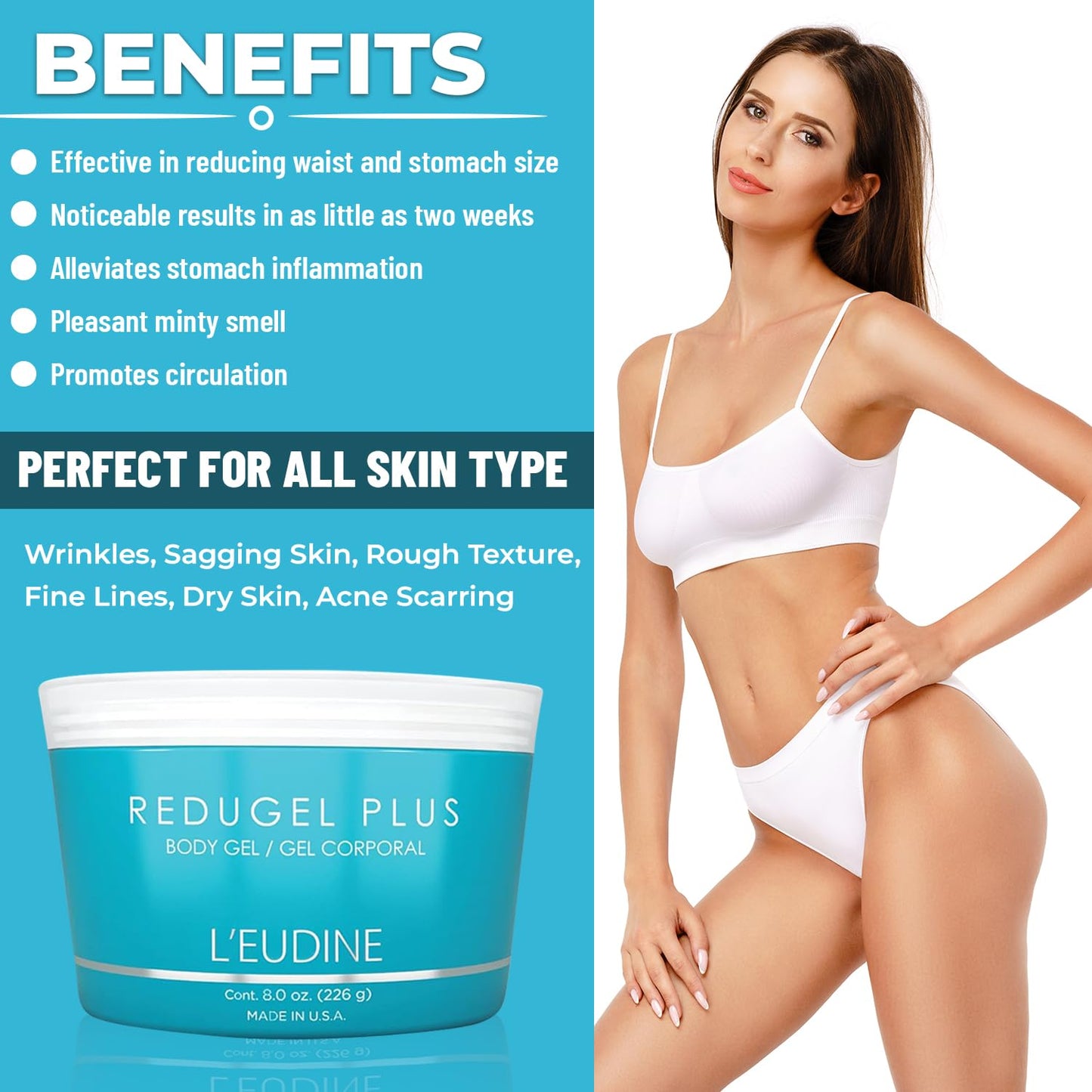L’EUDINE Redugel Plus Skin Tightening Cream for Body, Firming Cream with Mint Oil, Field Horsetail, Marine Algae, Maca Extract, Skin Firming and Tightening Lotion – 8oz