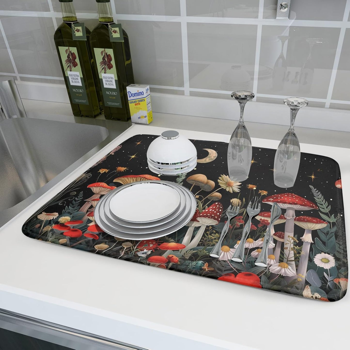 Black Mushroom Dish Drying Mat for Kitchen Counter Leaves Botanical Microfiber Dish Rack Mat Drainer Pad Washable Absorbent Dry Mat 18×24 Inch