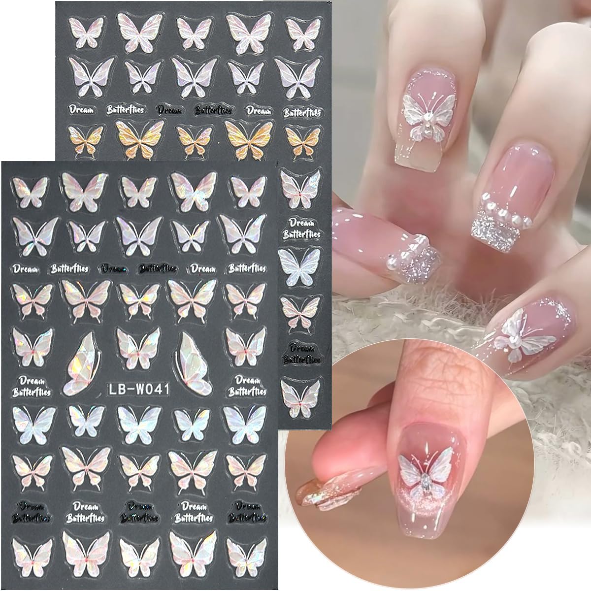 5D Embossed Spring Flower Nail Stickers, 4 Sheets Holographic Shiny Butterfly Nail Stickers, Cherry Blossom Nail Decals, Self-Adhesive Pegatinas para Uñas, Summer Floral Manicure Design