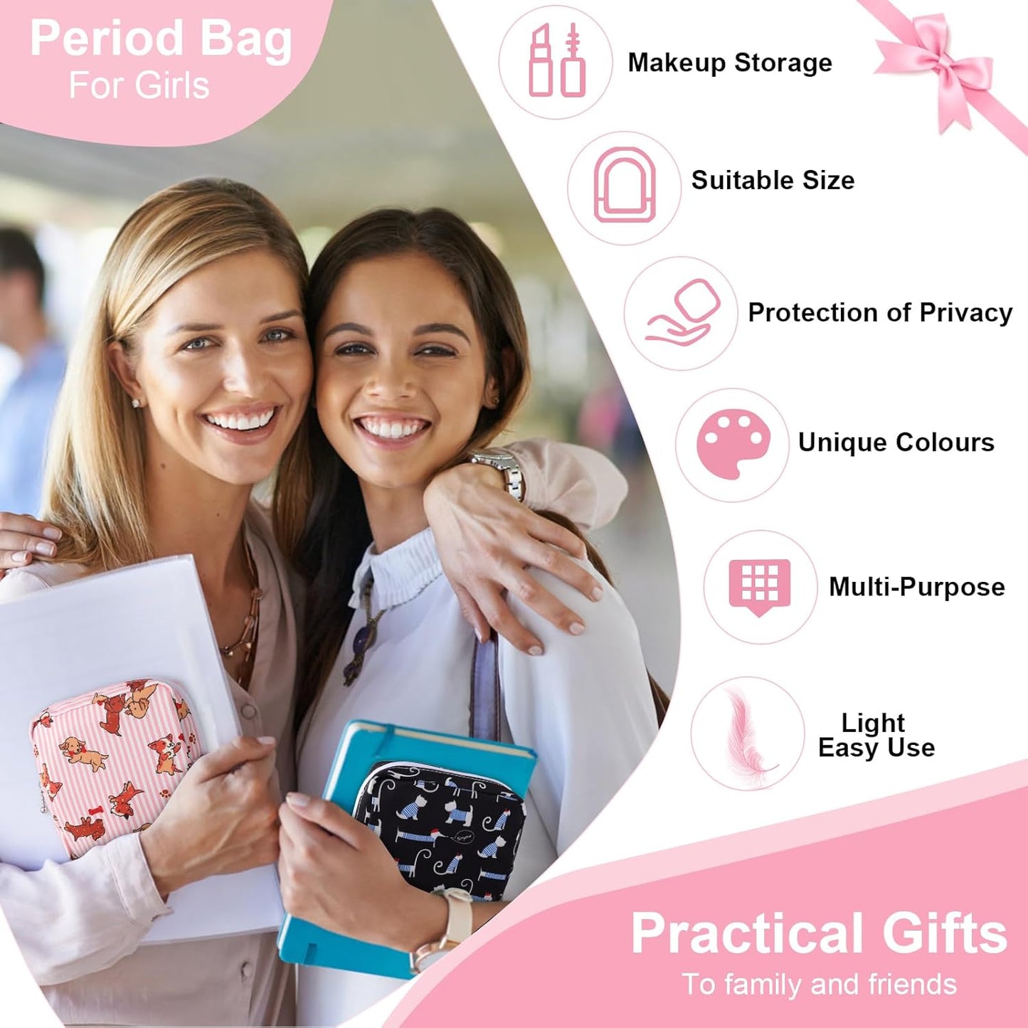 Desing Wish Sanitary Pad Storage Bag Portable Period Bag for Teen Pads/Sanitary Napkins/Small Tampons, Sanitary Napkin Storage Bag First Period Gifts for Teen Girls (Black-White Cats)