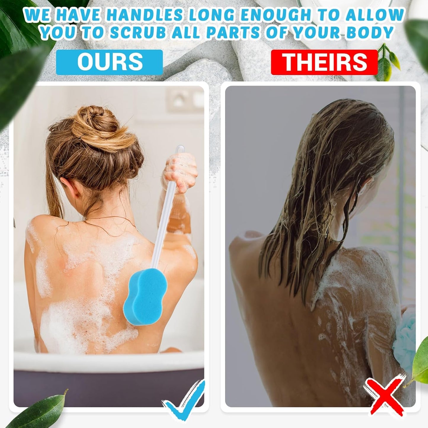 3 Pcs Long Handle Bath Sponge 22.4'' Back Sponge on a Stick Lightweight Back Washer Handled Butt Scrubber Shower Brush for Foot Body Cleaning Bathing Limited Motion (Blue)