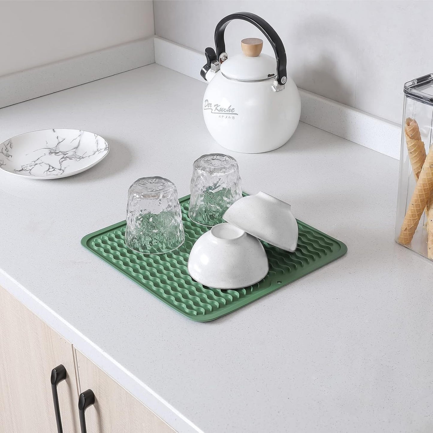 Silicone Dish Drying Mat for Multiple Usage,Easy clean,Eco-friendly,Heat-resistant Silicone Mat for Kitchen Counter or Sink,Refrigerator or Drawer liner Green M 12 inches x 12 inches